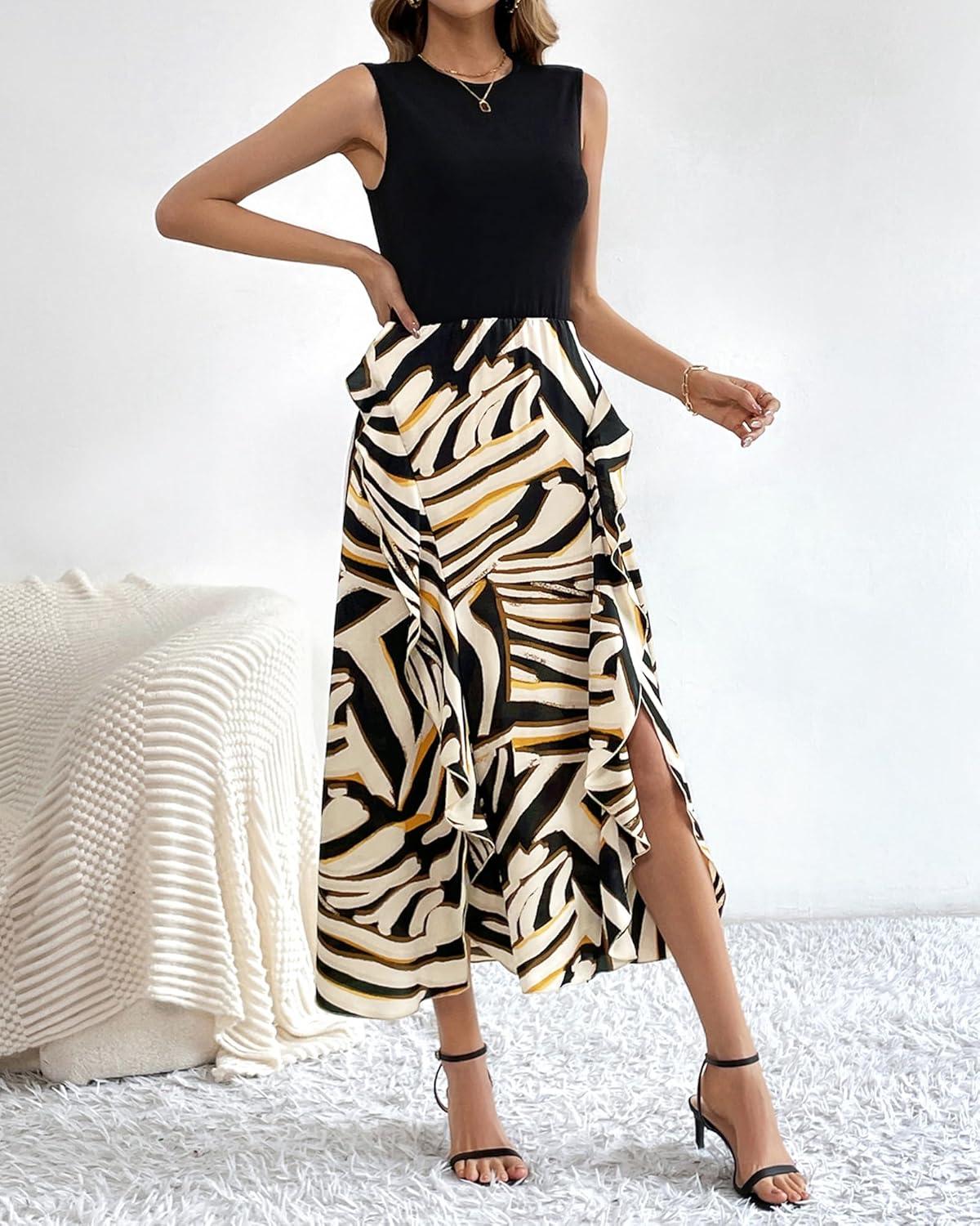imageBTFBM Women Casual Sleeveless Summer Dresses 2026 Spring Crewneck Patchwork Boho Floral Ruffle Cocktail Party Midi DressStriped
