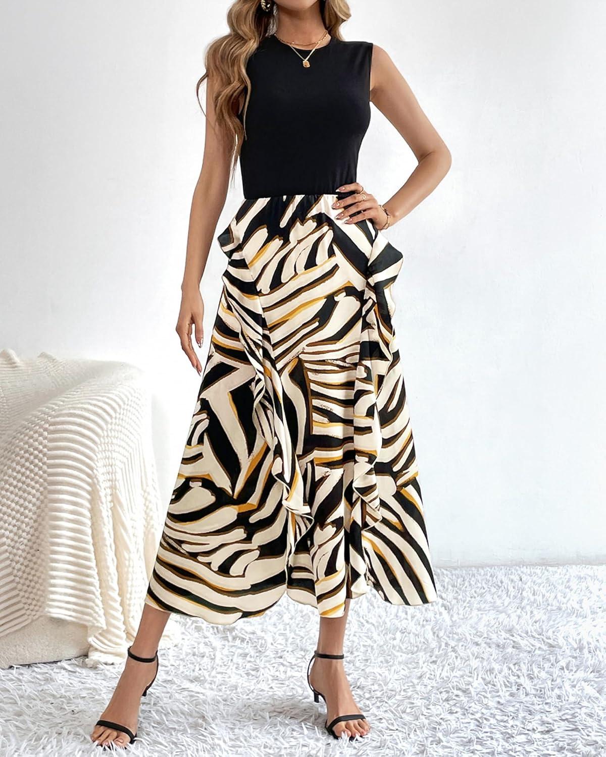 imageBTFBM Women Casual Sleeveless Summer Dresses 2026 Spring Crewneck Patchwork Boho Floral Ruffle Cocktail Party Midi DressStriped