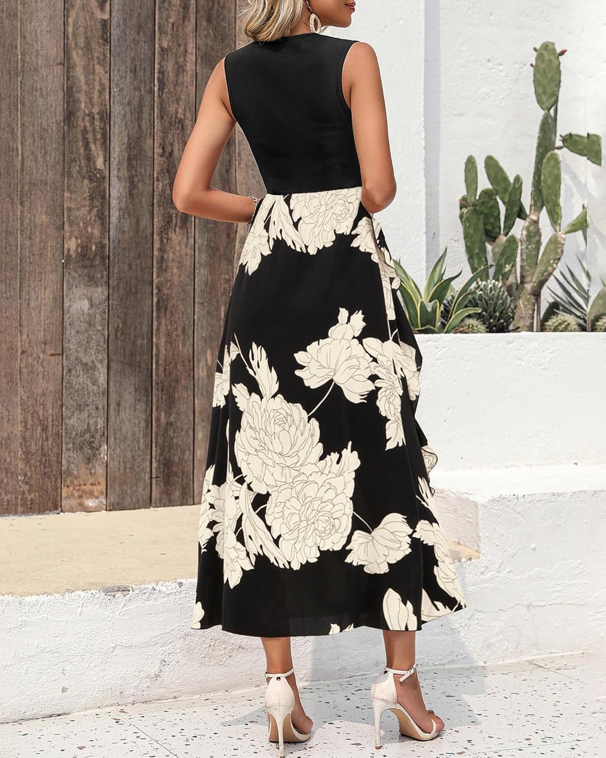 imageBTFBM Women Casual Sleeveless Summer Dresses 2026 Spring Crewneck Patchwork Boho Floral Ruffle Cocktail Party Midi DressWhite Floral Black
