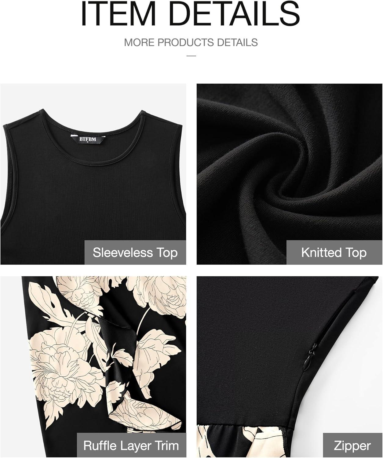 imageBTFBM Women Casual Sleeveless Summer Dresses 2026 Spring Crewneck Patchwork Boho Floral Ruffle Cocktail Party Midi DressWhite Floral Black