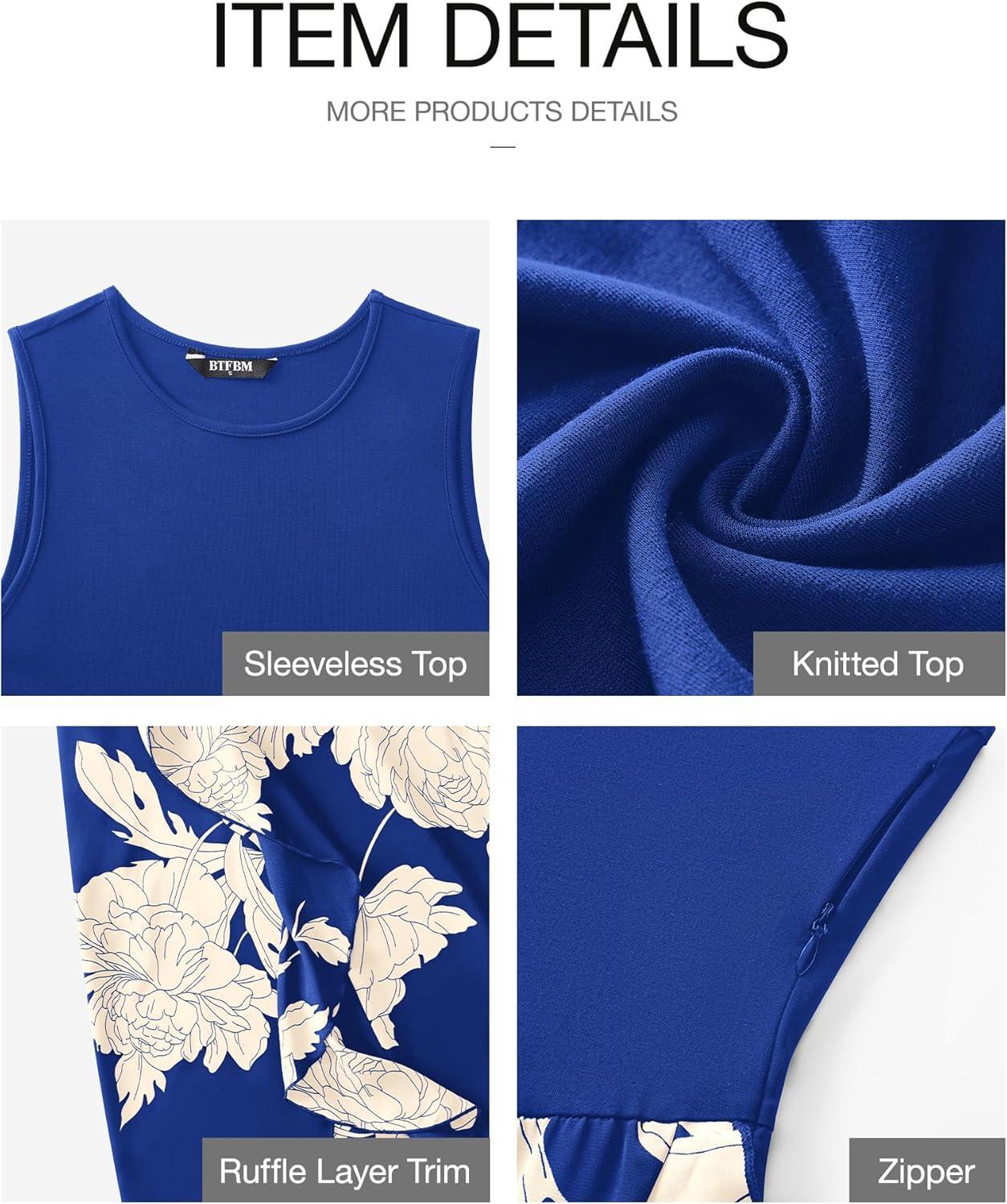 imageBTFBM Women Casual Sleeveless Summer Dresses 2026 Spring Crewneck Patchwork Boho Floral Ruffle Cocktail Party Midi DressWhite Floral Bright Blue