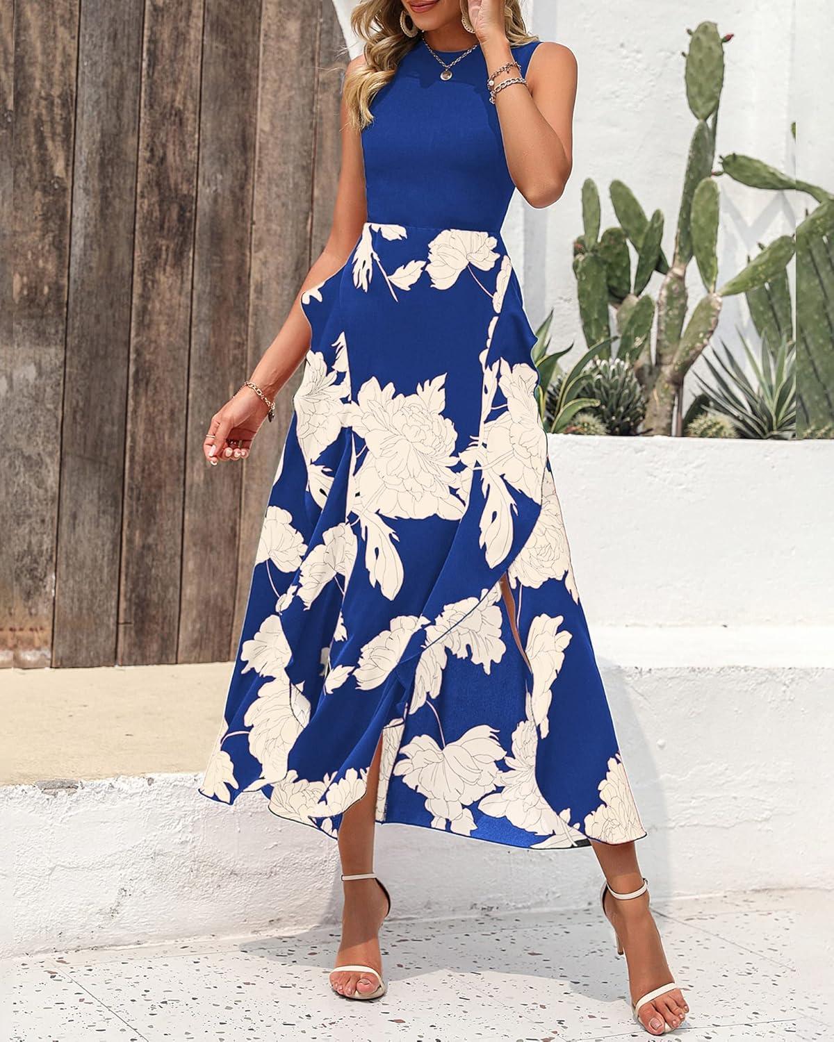 imageBTFBM Women Casual Sleeveless Summer Dresses 2026 Spring Crewneck Patchwork Boho Floral Ruffle Cocktail Party Midi DressWhite Floral Bright Blue