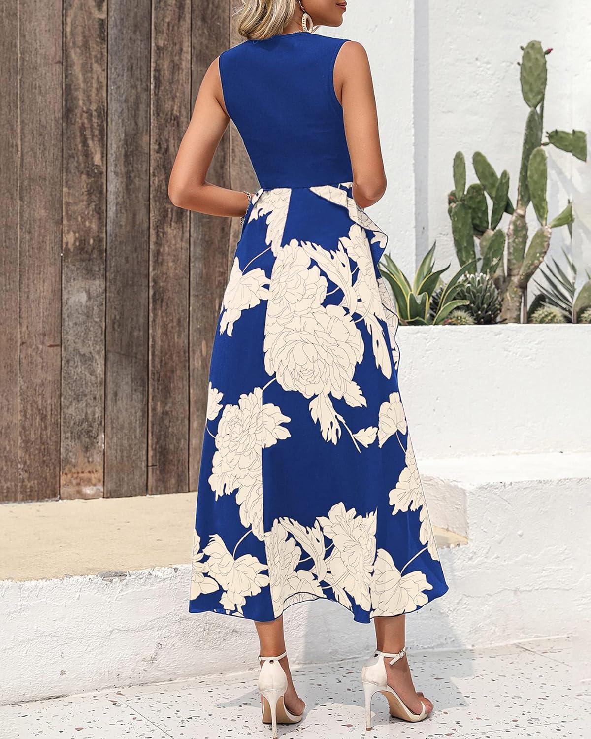 imageBTFBM Women Casual Sleeveless Summer Dresses 2026 Spring Crewneck Patchwork Boho Floral Ruffle Cocktail Party Midi DressWhite Floral Bright Blue