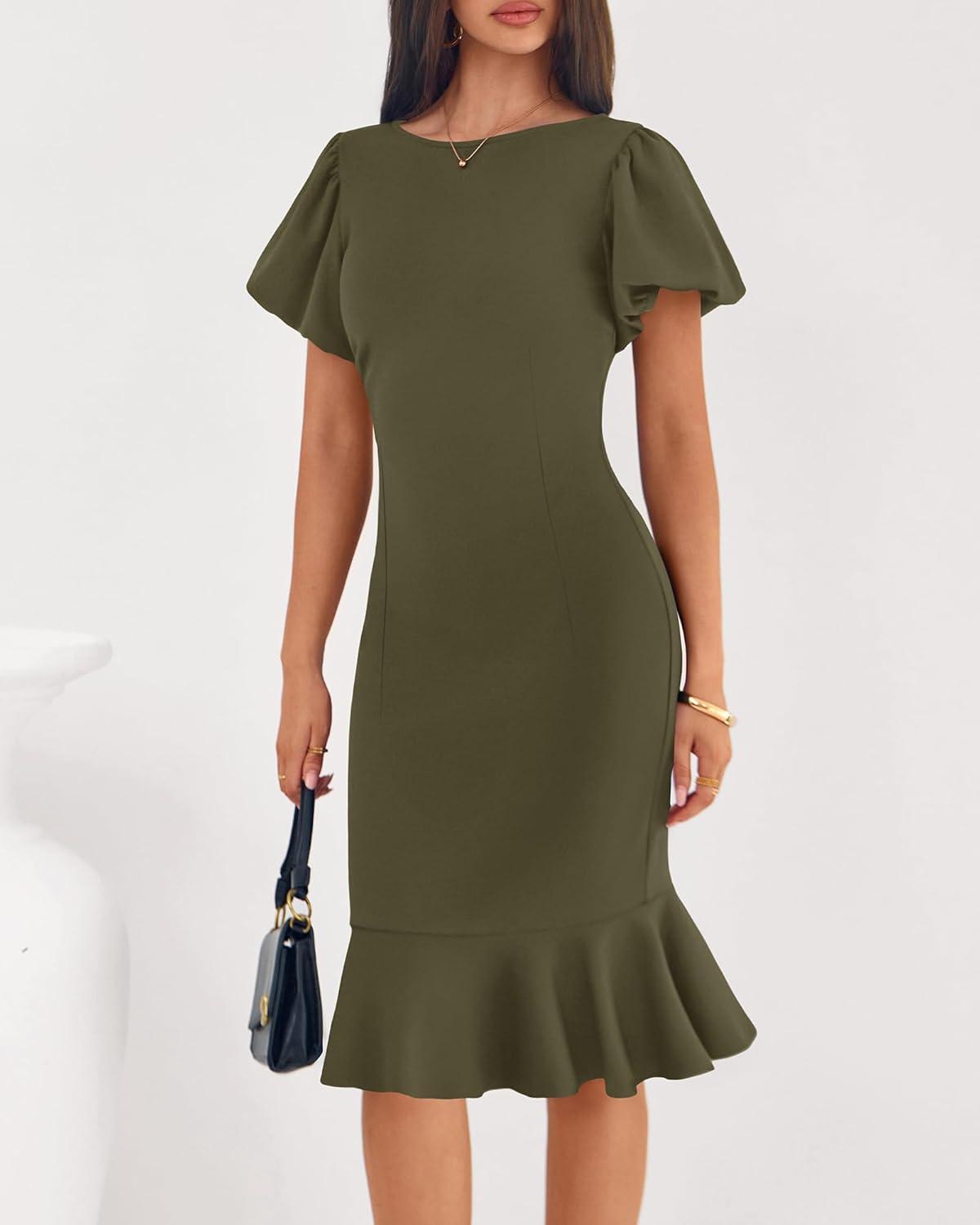 imageBTFBM Women Formal Wedding Guest Cocktail Dresses 2026 Short Sleeve Ruffle Mermaid Work Bodycon Elegant Midi Summer DressArmy Green