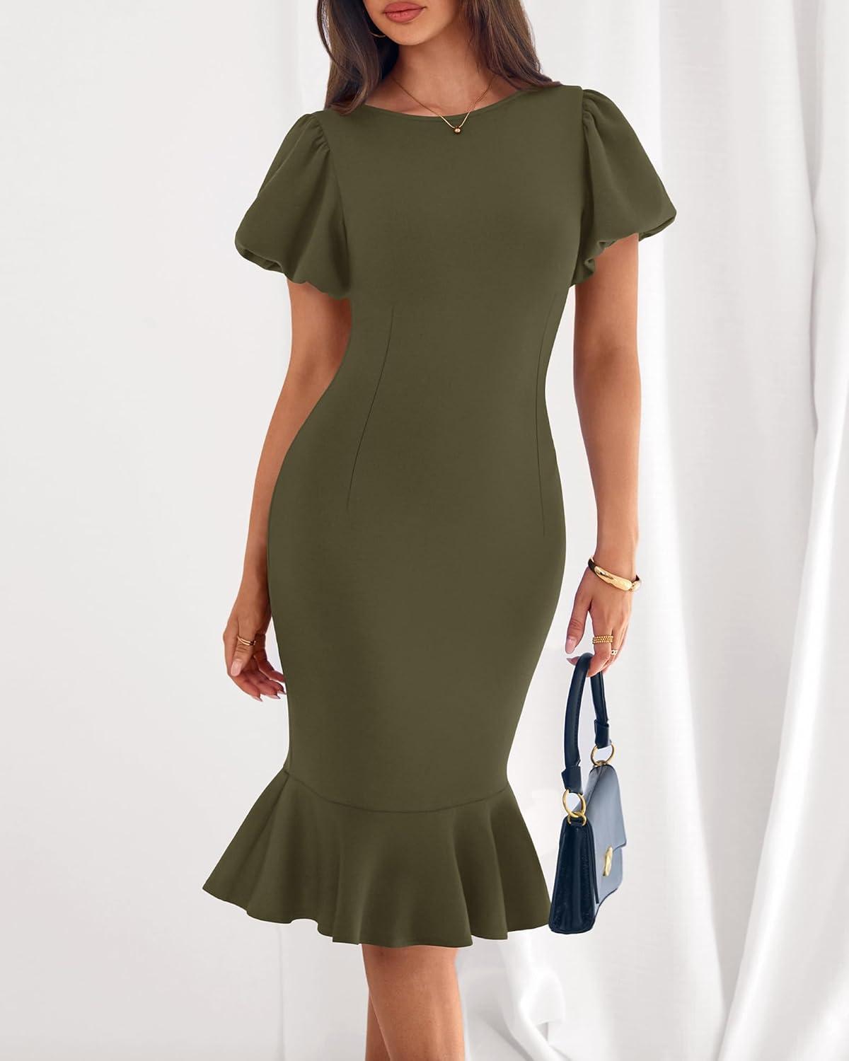 imageBTFBM Women Formal Wedding Guest Cocktail Dresses 2026 Short Sleeve Ruffle Mermaid Work Bodycon Elegant Midi Summer DressArmy Green