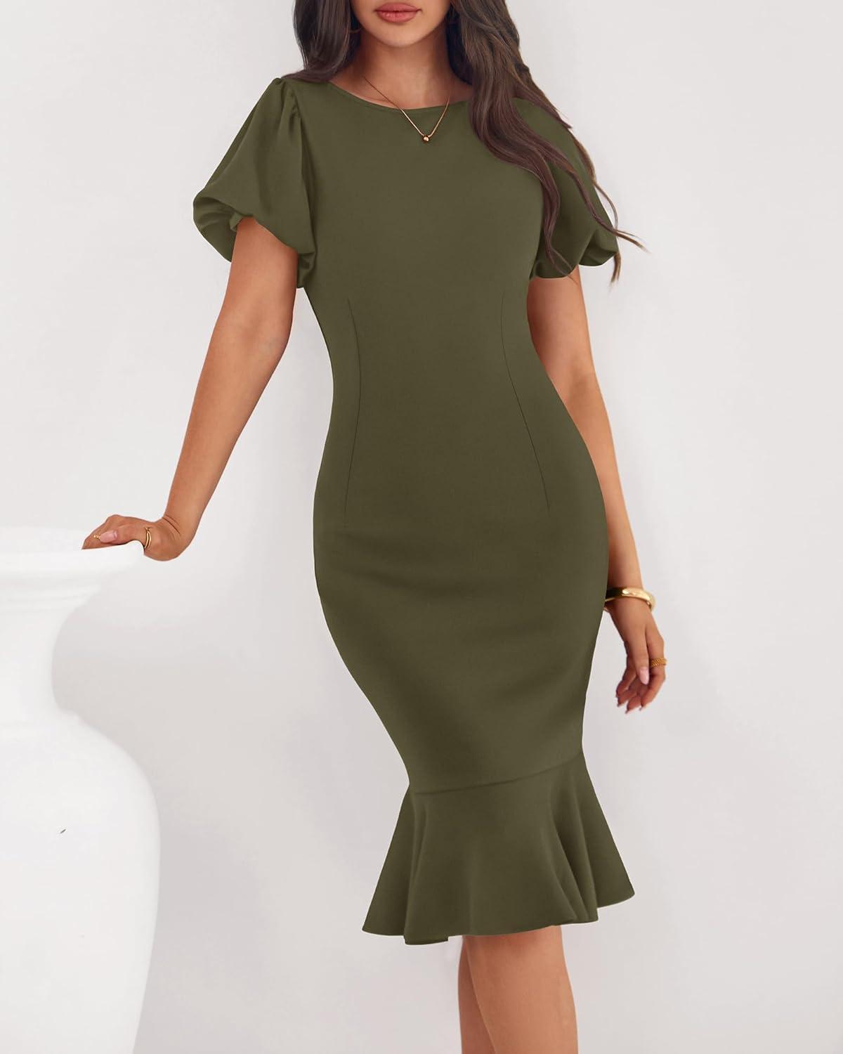 imageBTFBM Women Formal Wedding Guest Cocktail Dresses 2026 Short Sleeve Ruffle Mermaid Work Bodycon Elegant Midi Summer DressArmy Green
