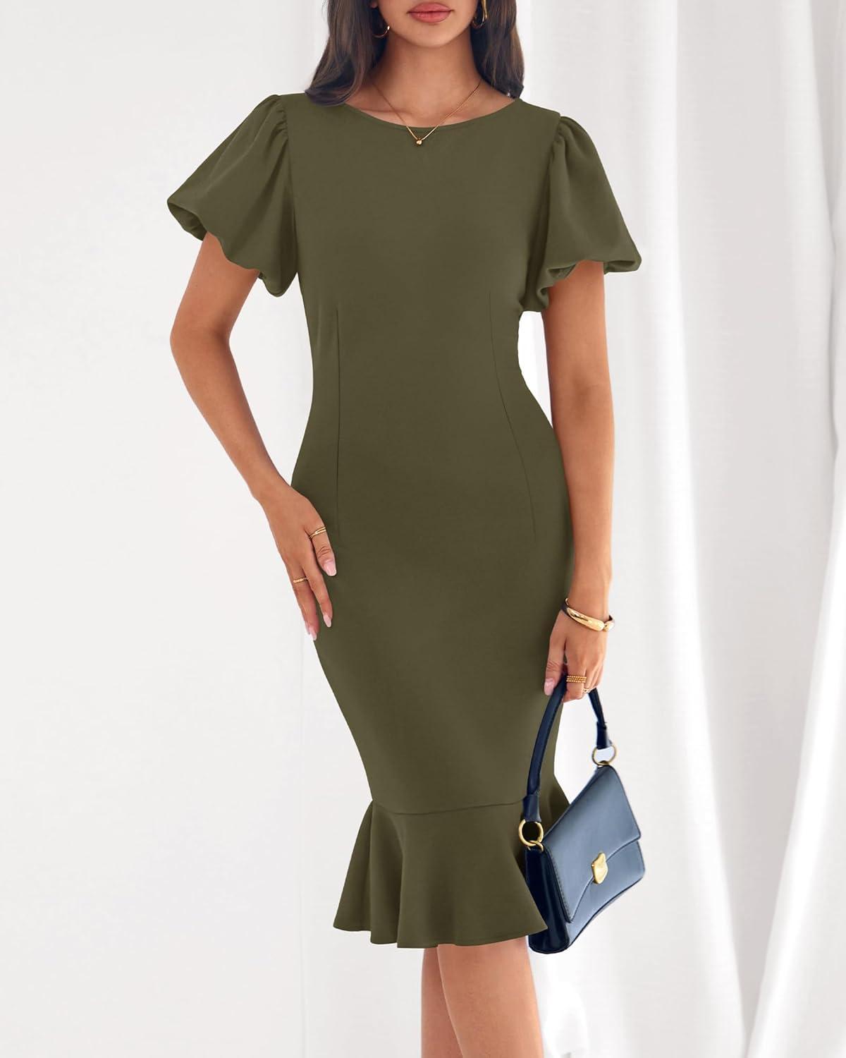 imageBTFBM Women Formal Wedding Guest Cocktail Dresses 2026 Short Sleeve Ruffle Mermaid Work Bodycon Elegant Midi Summer DressArmy Green