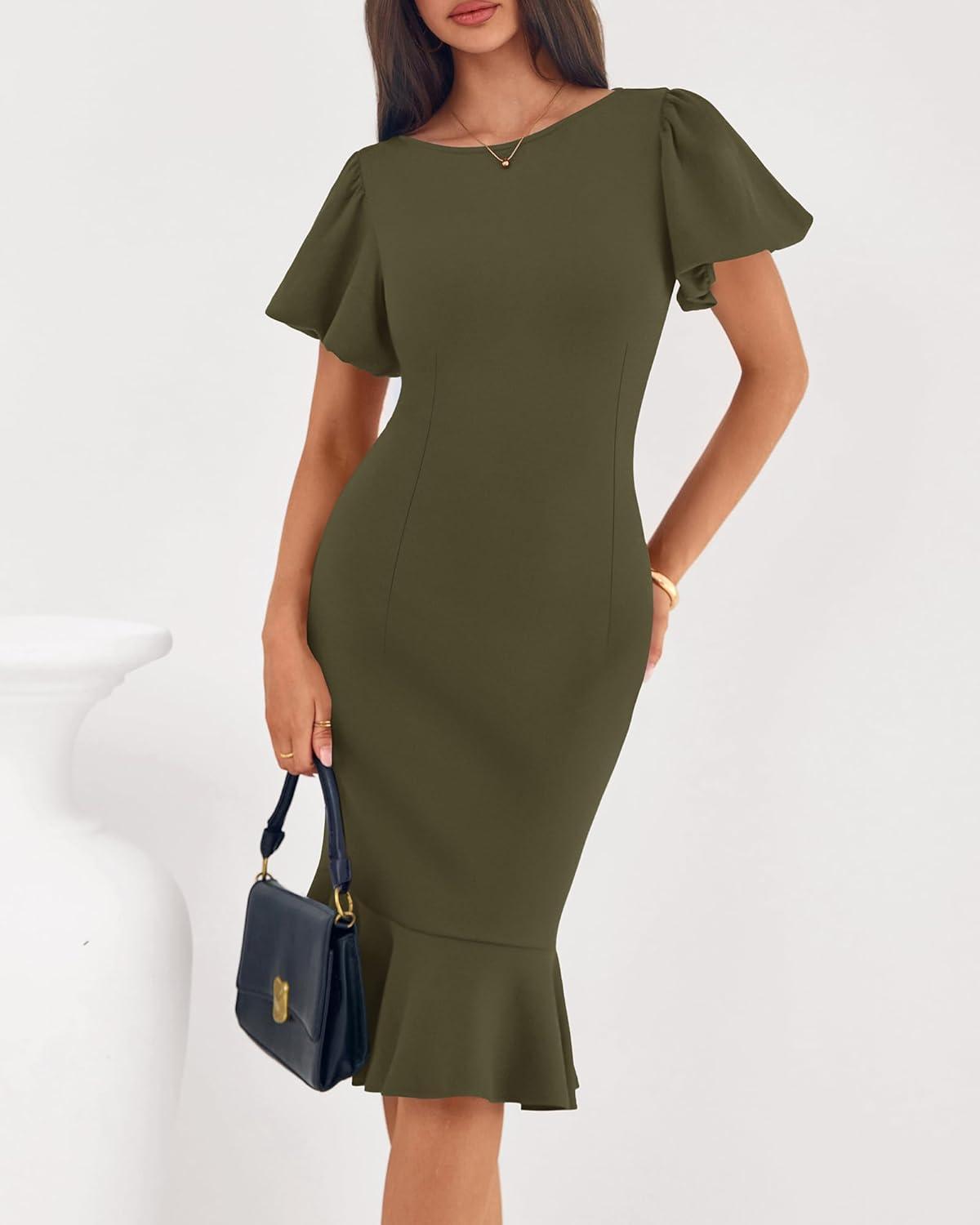 imageBTFBM Women Formal Wedding Guest Cocktail Dresses 2026 Short Sleeve Ruffle Mermaid Work Bodycon Elegant Midi Summer DressArmy Green
