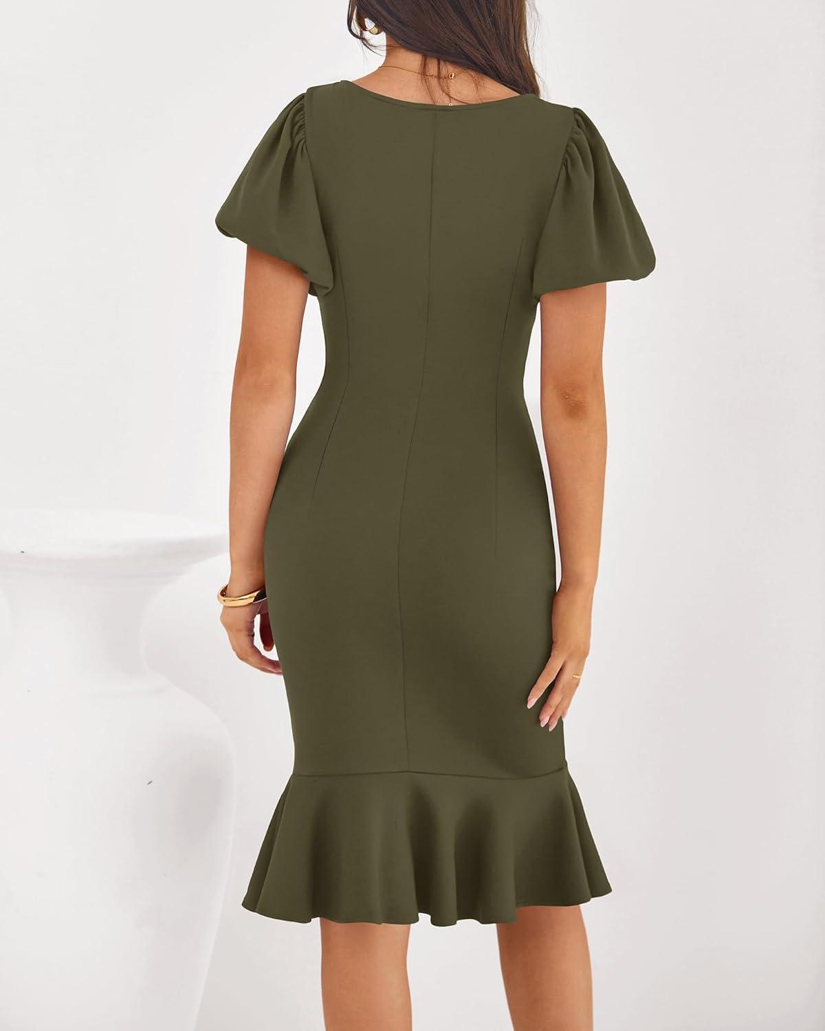 imageBTFBM Women Formal Wedding Guest Cocktail Dresses 2026 Short Sleeve Ruffle Mermaid Work Bodycon Elegant Midi Summer DressArmy Green