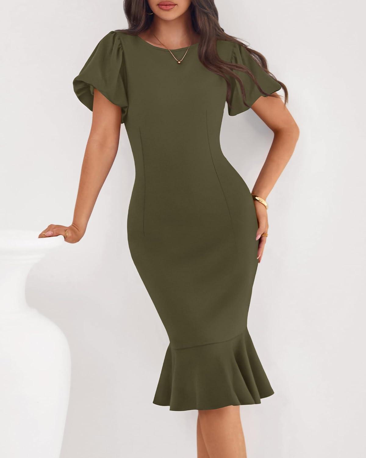 imageBTFBM Women Formal Wedding Guest Cocktail Dresses 2026 Short Sleeve Ruffle Mermaid Work Bodycon Elegant Midi Summer DressArmy Green
