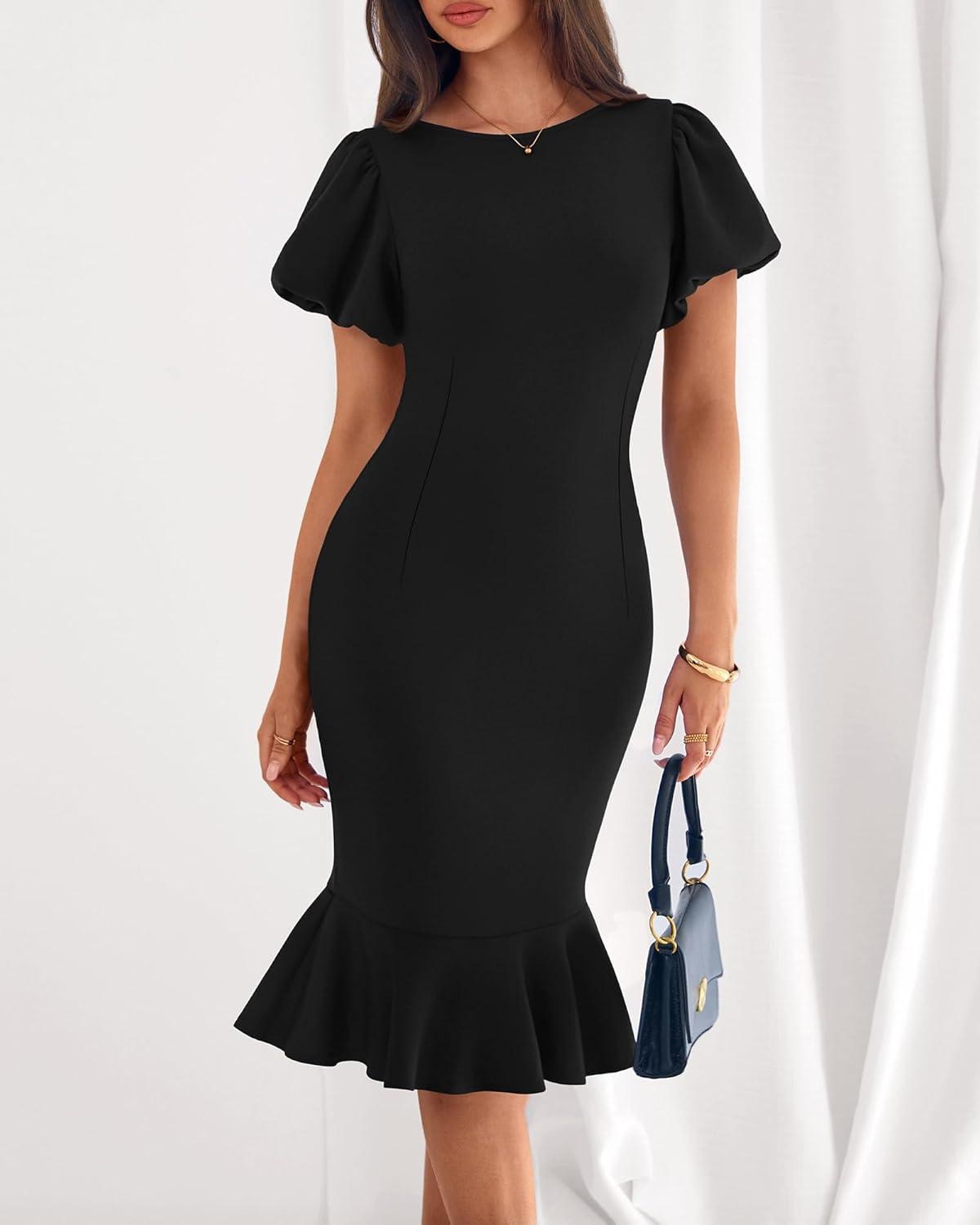 imageBTFBM Women Formal Wedding Guest Cocktail Dresses 2026 Short Sleeve Ruffle Mermaid Work Bodycon Elegant Midi Summer DressBlack