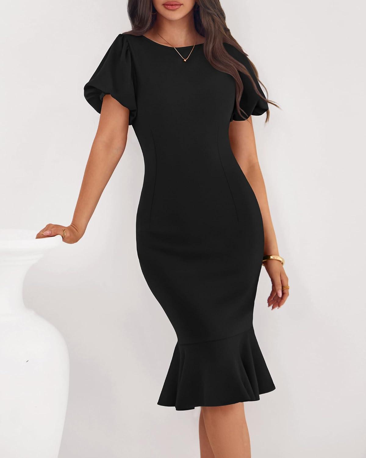 imageBTFBM Women Formal Wedding Guest Cocktail Dresses 2026 Short Sleeve Ruffle Mermaid Work Bodycon Elegant Midi Summer DressBlack