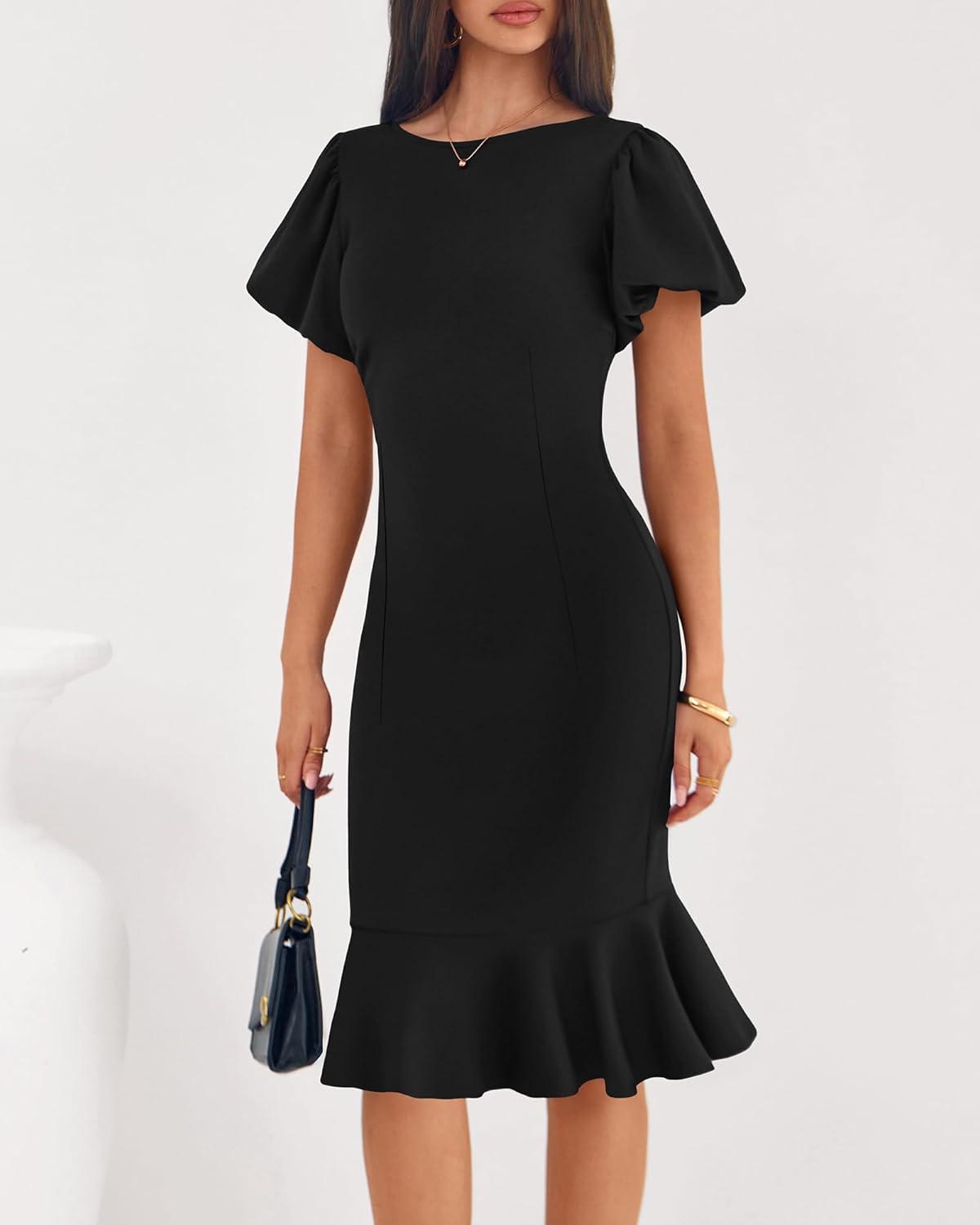 imageBTFBM Women Formal Wedding Guest Cocktail Dresses 2026 Short Sleeve Ruffle Mermaid Work Bodycon Elegant Midi Summer DressBlack