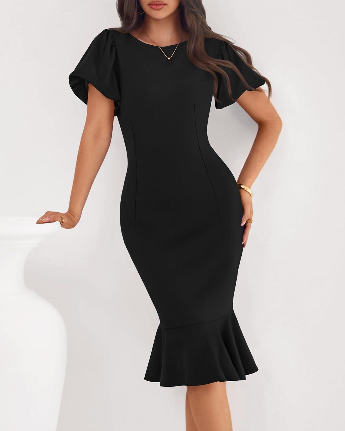 imageBTFBM Women Formal Wedding Guest Cocktail Dresses 2026 Short Sleeve Ruffle Mermaid Work Bodycon Elegant Midi Summer DressBlack