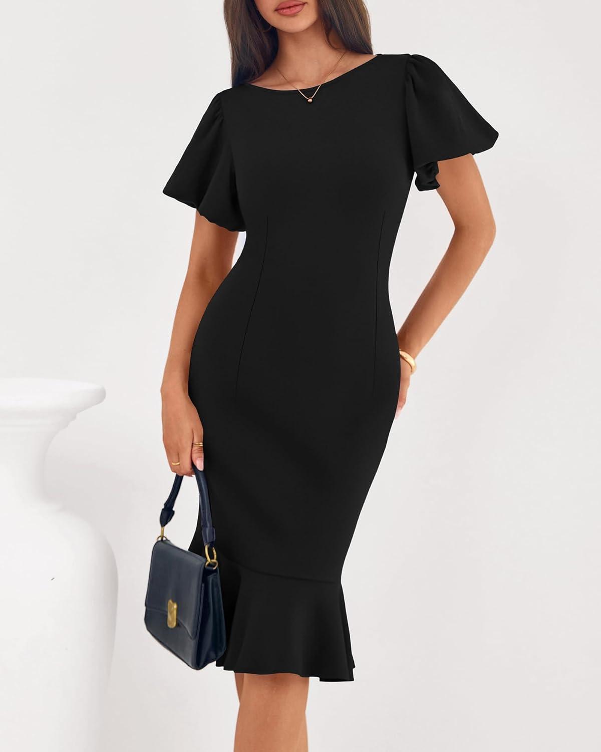 imageBTFBM Women Formal Wedding Guest Cocktail Dresses 2026 Short Sleeve Ruffle Mermaid Work Bodycon Elegant Midi Summer DressBlack