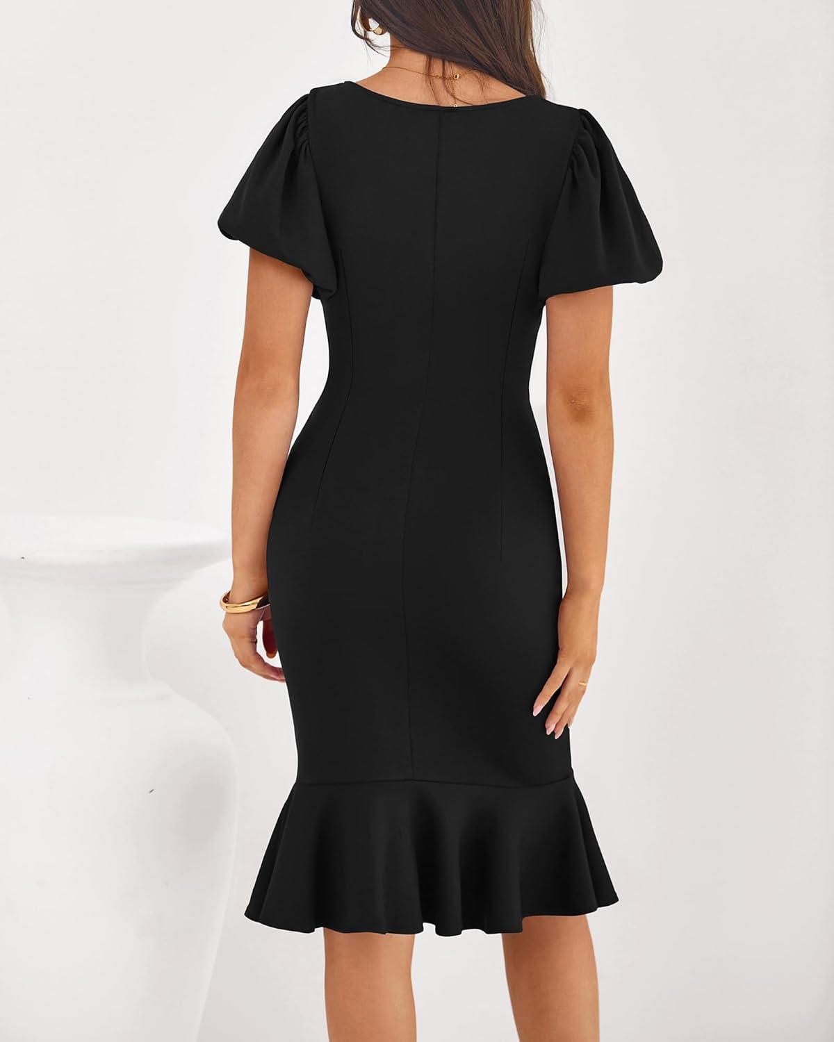imageBTFBM Women Formal Wedding Guest Cocktail Dresses 2026 Short Sleeve Ruffle Mermaid Work Bodycon Elegant Midi Summer DressBlack