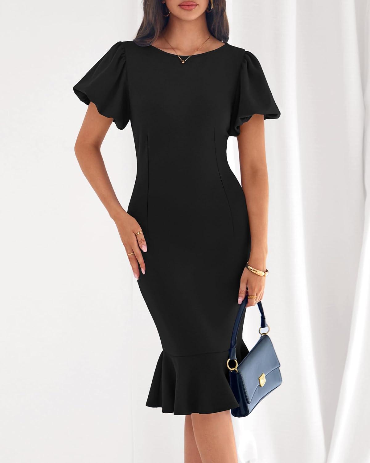 imageBTFBM Women Formal Wedding Guest Cocktail Dresses 2026 Short Sleeve Ruffle Mermaid Work Bodycon Elegant Midi Summer DressBlack