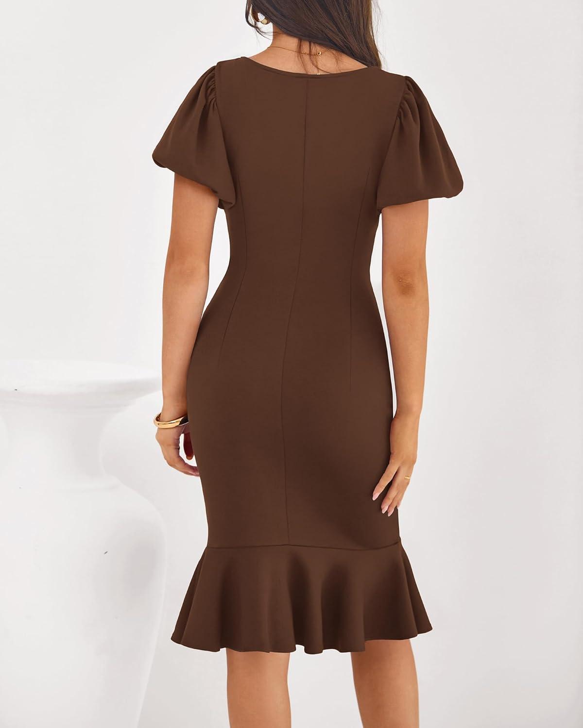 imageBTFBM Women Formal Wedding Guest Cocktail Dresses 2026 Short Sleeve Ruffle Mermaid Work Bodycon Elegant Midi Summer DressBrown