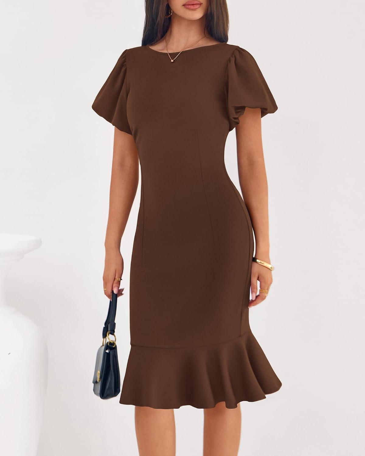 imageBTFBM Women Formal Wedding Guest Cocktail Dresses 2026 Short Sleeve Ruffle Mermaid Work Bodycon Elegant Midi Summer DressBrown