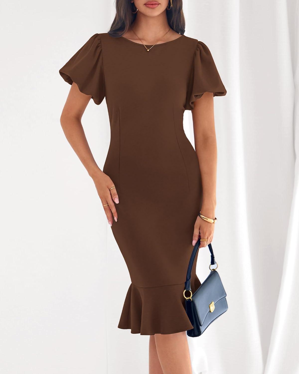 imageBTFBM Women Formal Wedding Guest Cocktail Dresses 2026 Short Sleeve Ruffle Mermaid Work Bodycon Elegant Midi Summer DressBrown
