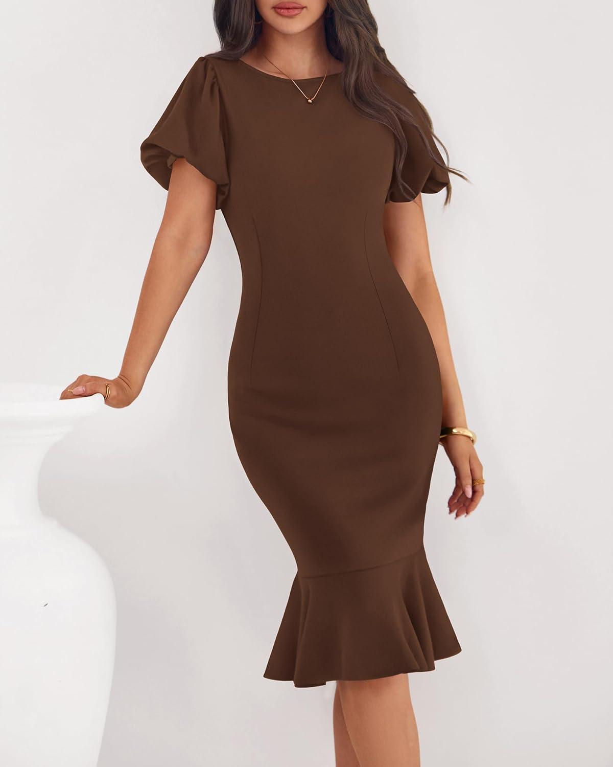 imageBTFBM Women Formal Wedding Guest Cocktail Dresses 2026 Short Sleeve Ruffle Mermaid Work Bodycon Elegant Midi Summer DressBrown