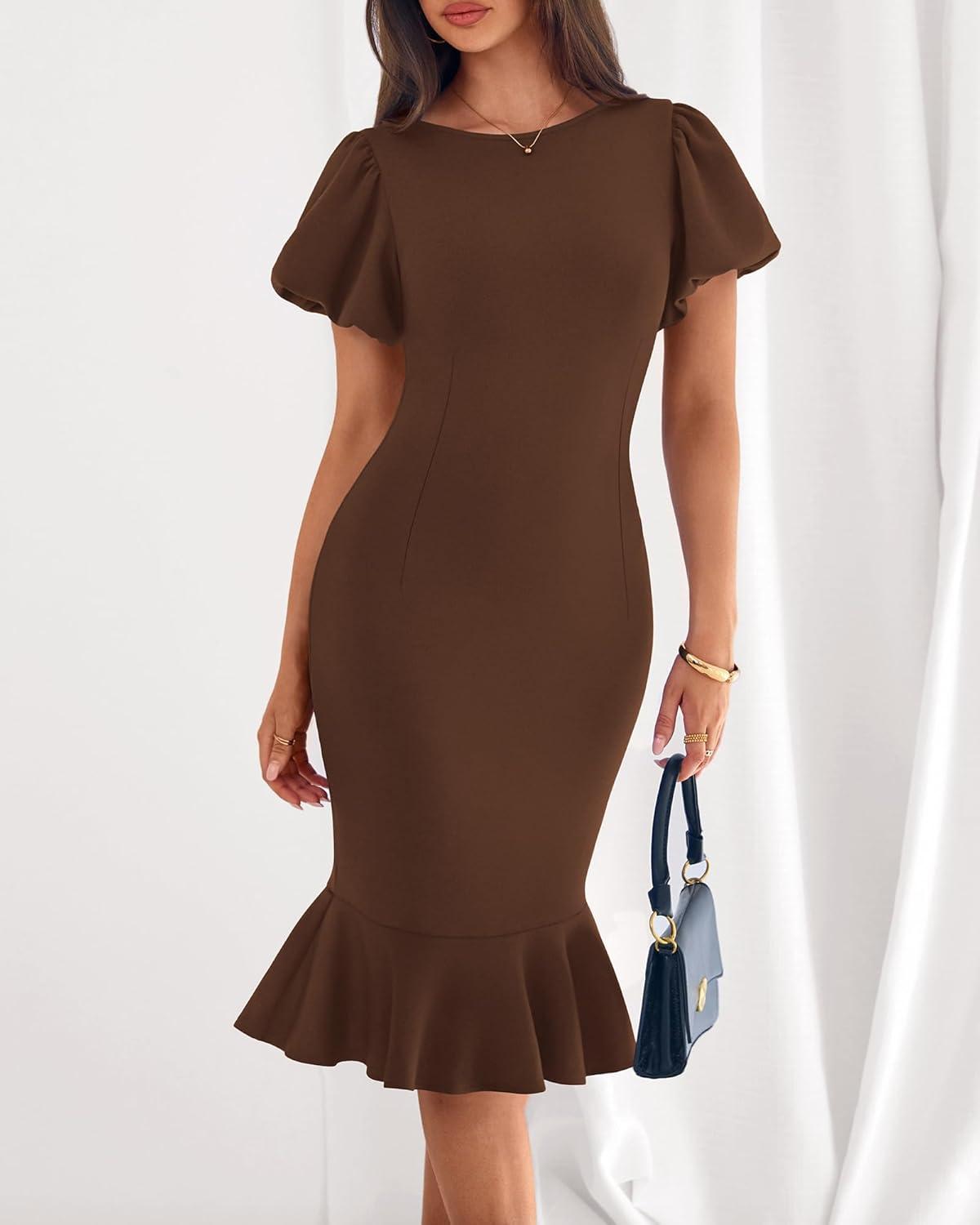 imageBTFBM Women Formal Wedding Guest Cocktail Dresses 2026 Short Sleeve Ruffle Mermaid Work Bodycon Elegant Midi Summer DressBrown