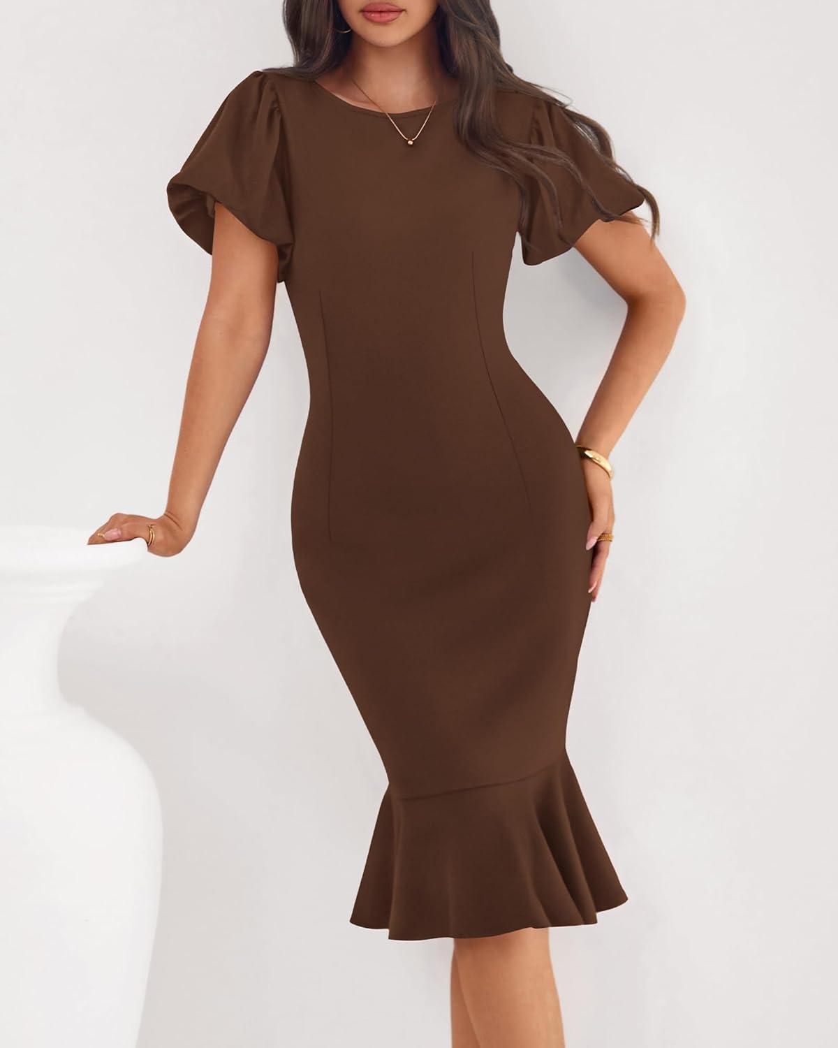 imageBTFBM Women Formal Wedding Guest Cocktail Dresses 2026 Short Sleeve Ruffle Mermaid Work Bodycon Elegant Midi Summer DressBrown