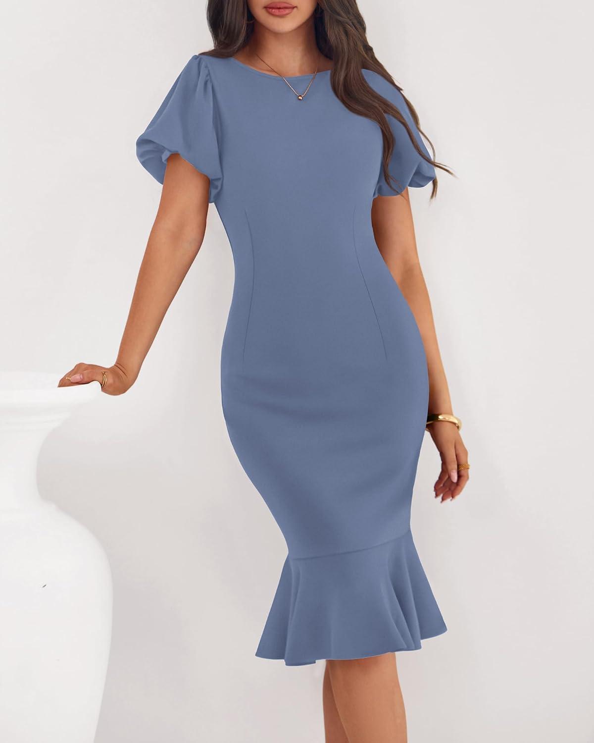 imageBTFBM Women Formal Wedding Guest Cocktail Dresses 2026 Short Sleeve Ruffle Mermaid Work Bodycon Elegant Midi Summer DressGrey Blue