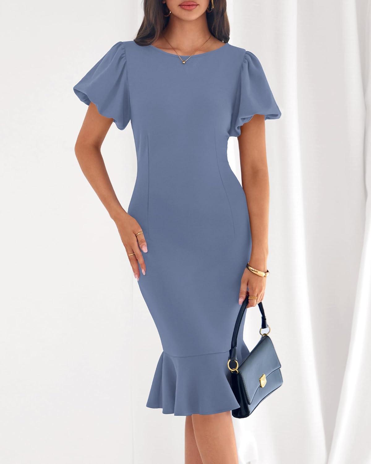 imageBTFBM Women Formal Wedding Guest Cocktail Dresses 2026 Short Sleeve Ruffle Mermaid Work Bodycon Elegant Midi Summer DressGrey Blue