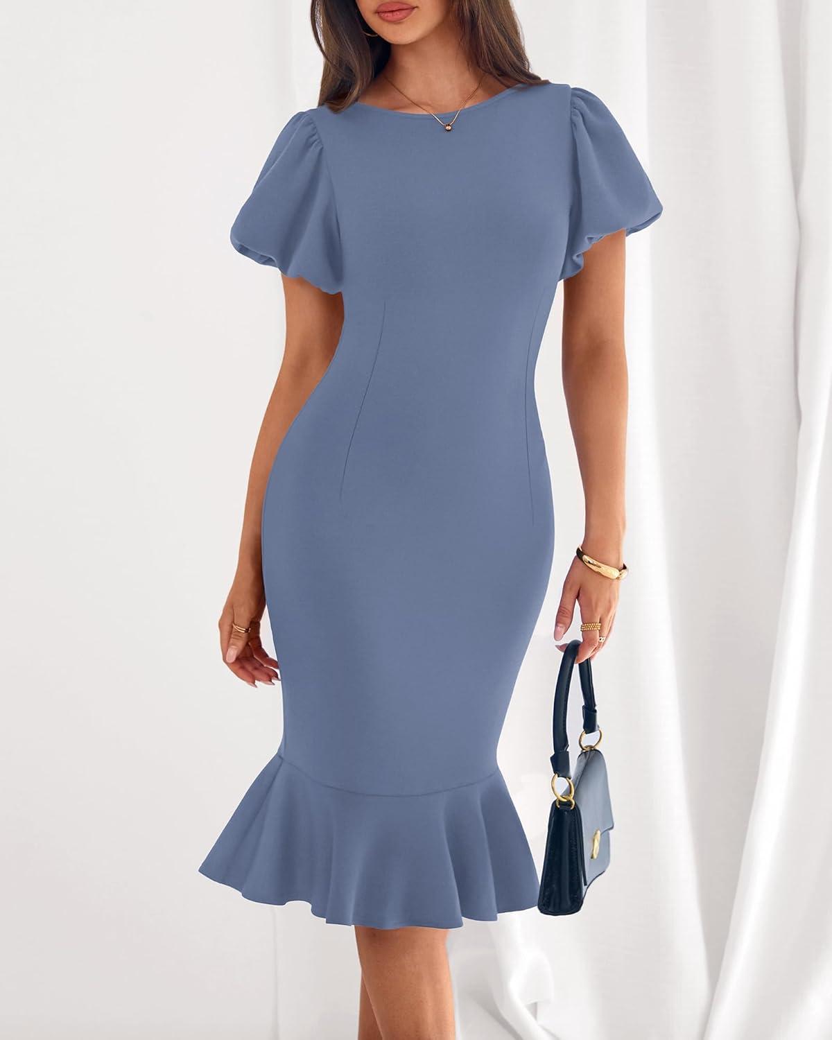 imageBTFBM Women Formal Wedding Guest Cocktail Dresses 2026 Short Sleeve Ruffle Mermaid Work Bodycon Elegant Midi Summer DressGrey Blue