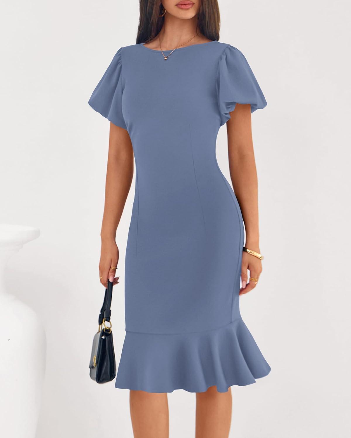 imageBTFBM Women Formal Wedding Guest Cocktail Dresses 2026 Short Sleeve Ruffle Mermaid Work Bodycon Elegant Midi Summer DressGrey Blue