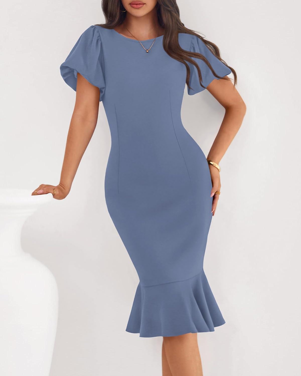 imageBTFBM Women Formal Wedding Guest Cocktail Dresses 2026 Short Sleeve Ruffle Mermaid Work Bodycon Elegant Midi Summer DressGrey Blue