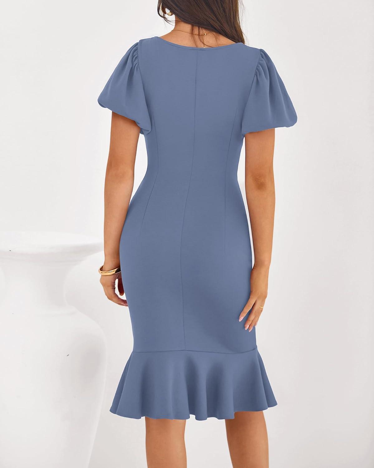imageBTFBM Women Formal Wedding Guest Cocktail Dresses 2026 Short Sleeve Ruffle Mermaid Work Bodycon Elegant Midi Summer DressGrey Blue