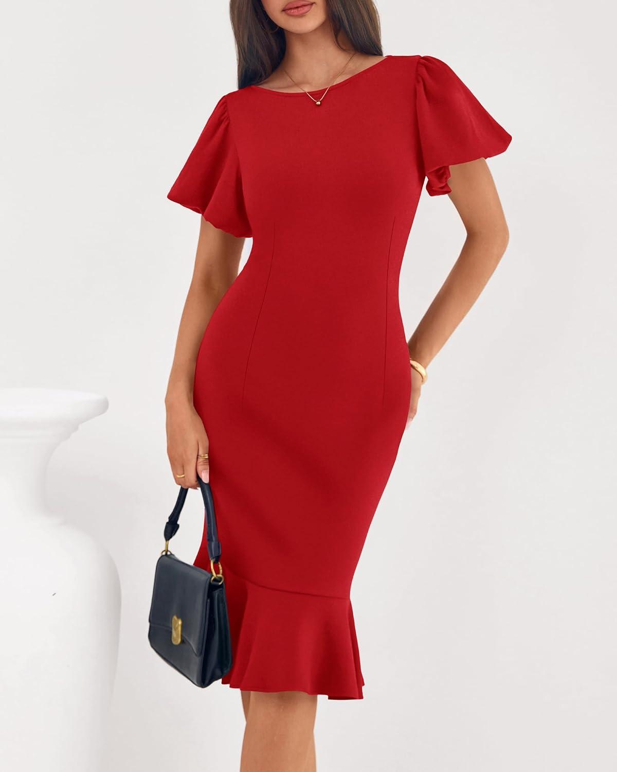 imageBTFBM Women Formal Wedding Guest Cocktail Dresses 2026 Short Sleeve Ruffle Mermaid Work Bodycon Elegant Midi Summer DressRed