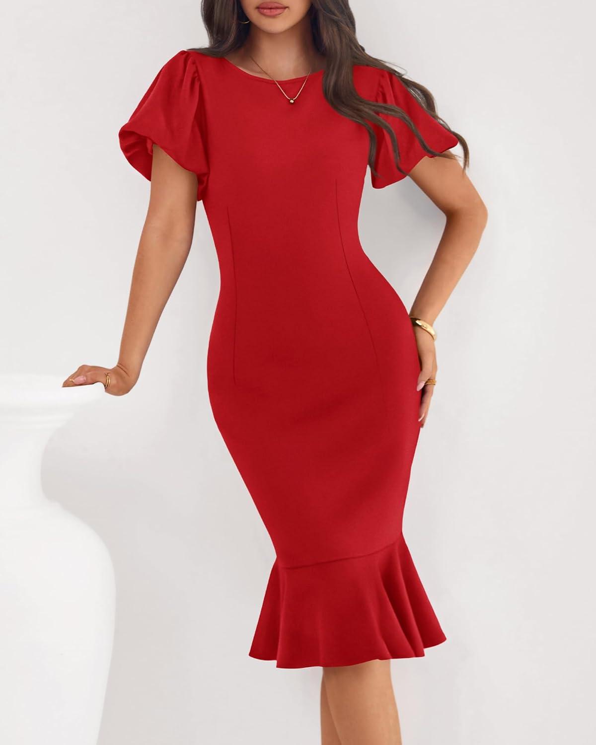 imageBTFBM Women Formal Wedding Guest Cocktail Dresses 2026 Short Sleeve Ruffle Mermaid Work Bodycon Elegant Midi Summer DressRed