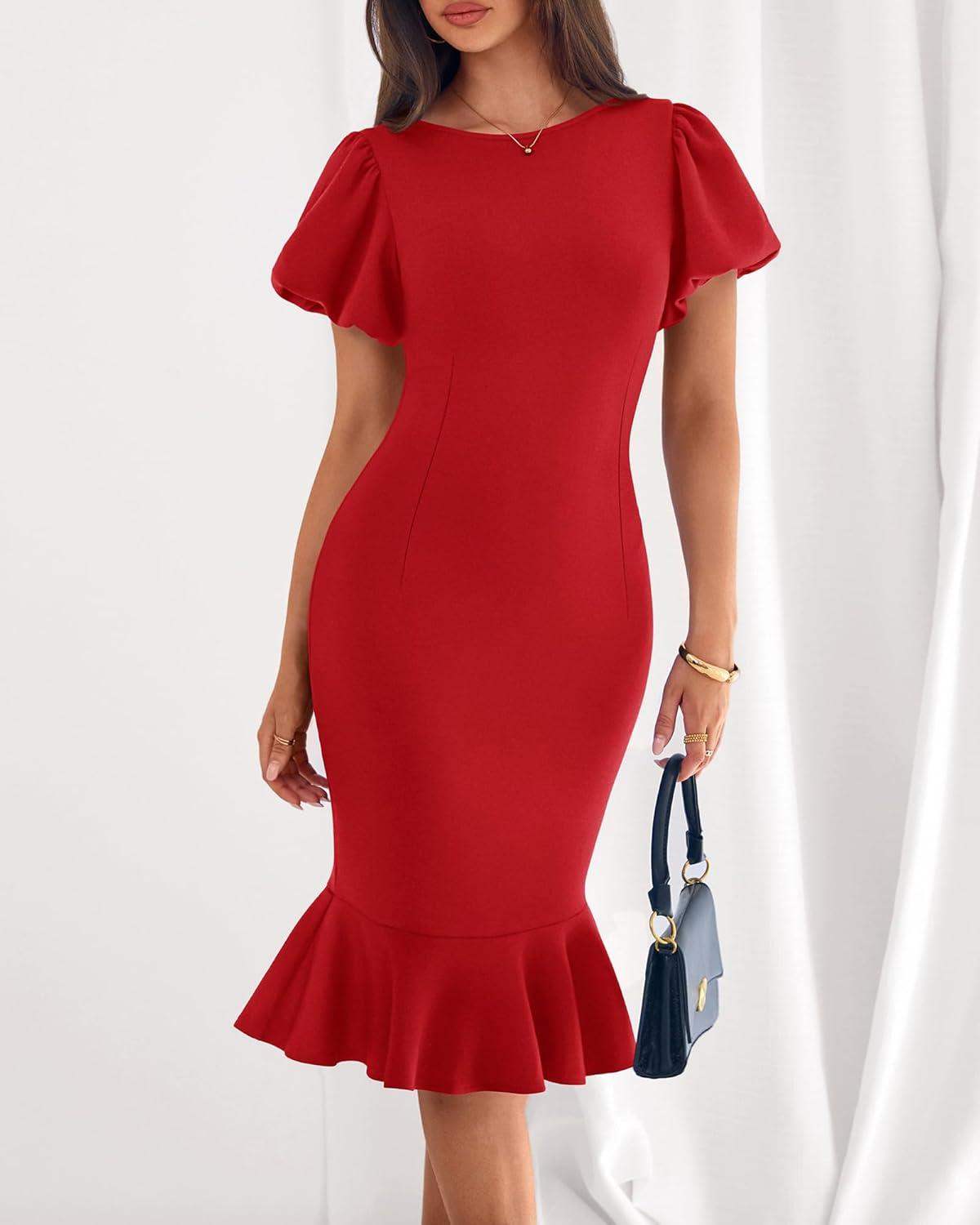 imageBTFBM Women Formal Wedding Guest Cocktail Dresses 2026 Short Sleeve Ruffle Mermaid Work Bodycon Elegant Midi Summer DressRed