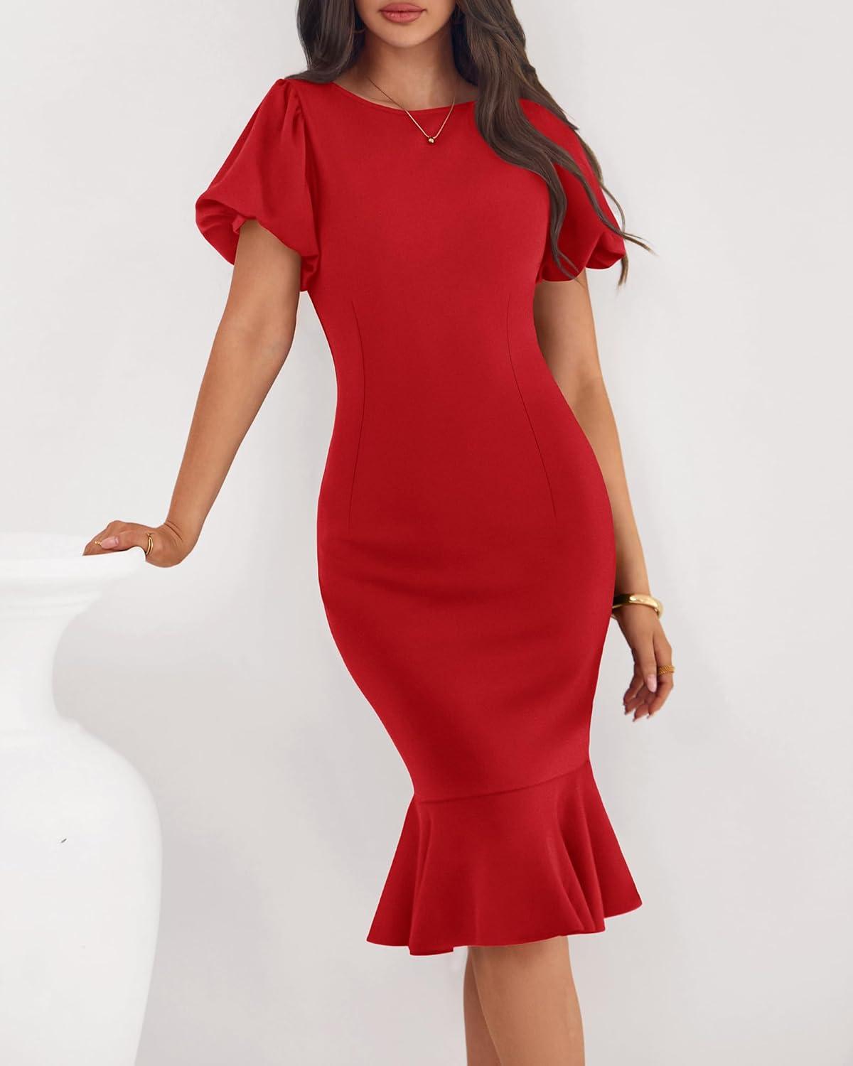 imageBTFBM Women Formal Wedding Guest Cocktail Dresses 2026 Short Sleeve Ruffle Mermaid Work Bodycon Elegant Midi Summer DressRed