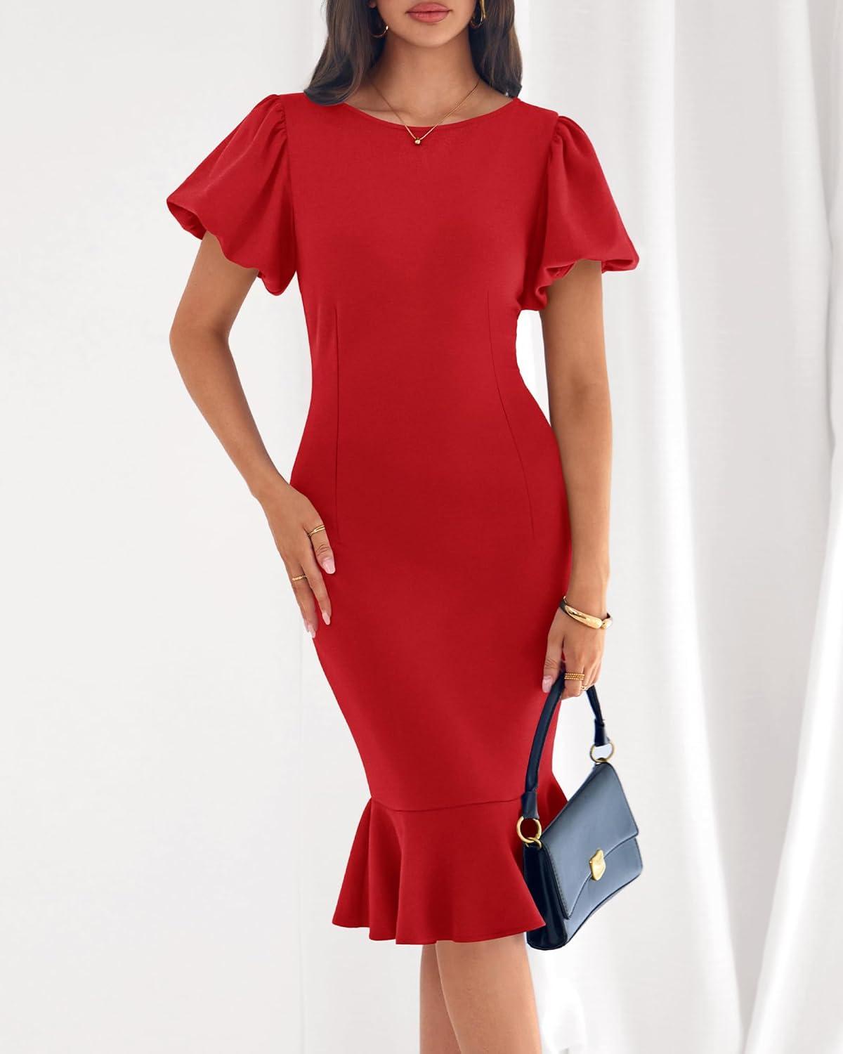 imageBTFBM Women Formal Wedding Guest Cocktail Dresses 2026 Short Sleeve Ruffle Mermaid Work Bodycon Elegant Midi Summer DressRed