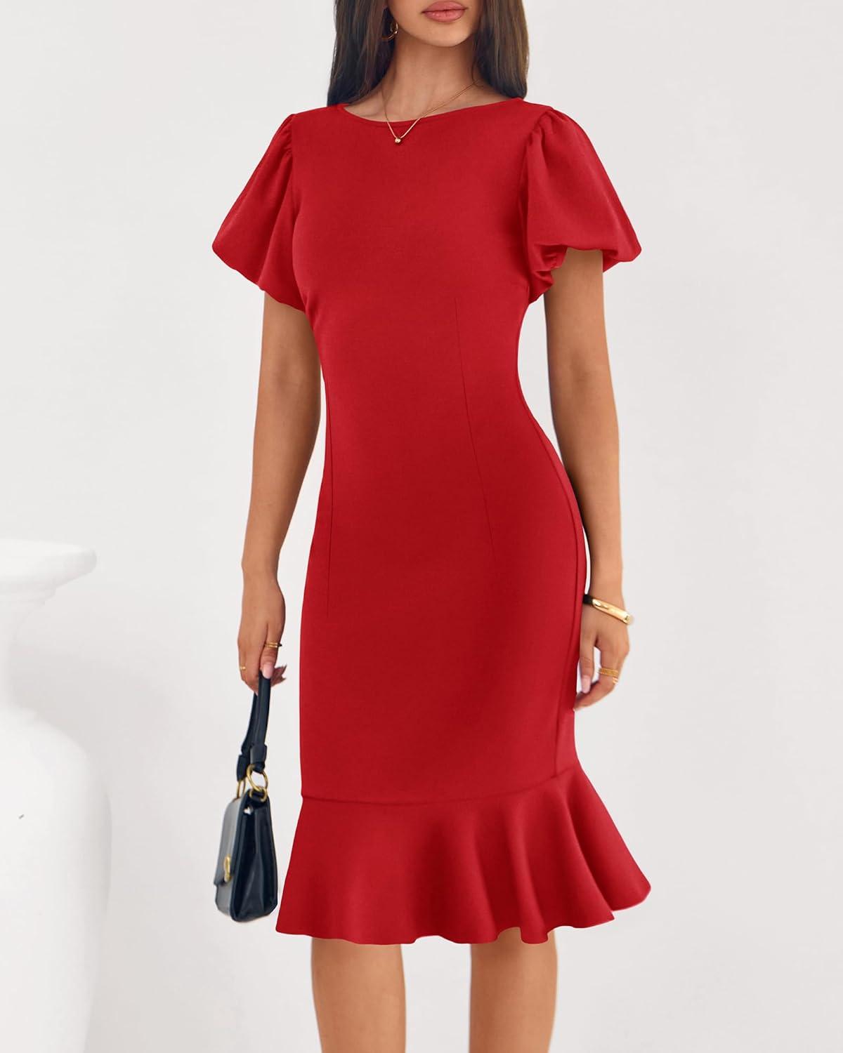 imageBTFBM Women Formal Wedding Guest Cocktail Dresses 2026 Short Sleeve Ruffle Mermaid Work Bodycon Elegant Midi Summer DressRed