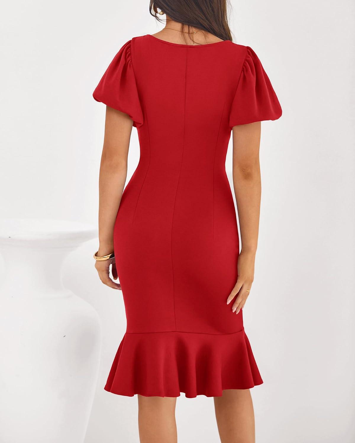 imageBTFBM Women Formal Wedding Guest Cocktail Dresses 2026 Short Sleeve Ruffle Mermaid Work Bodycon Elegant Midi Summer DressRed
