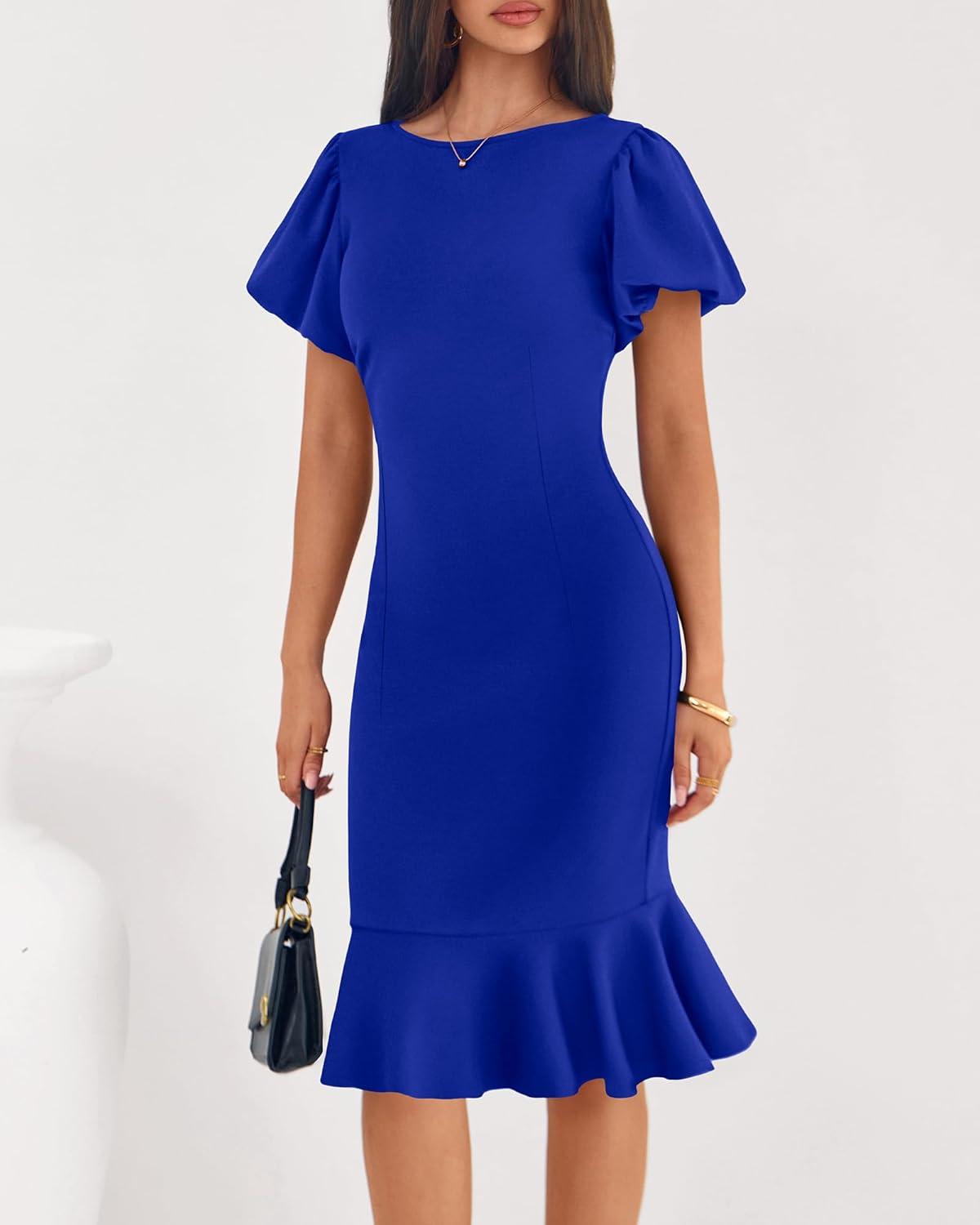 imageBTFBM Women Formal Wedding Guest Cocktail Dresses 2026 Short Sleeve Ruffle Mermaid Work Bodycon Elegant Midi Summer DressRoyal Blue