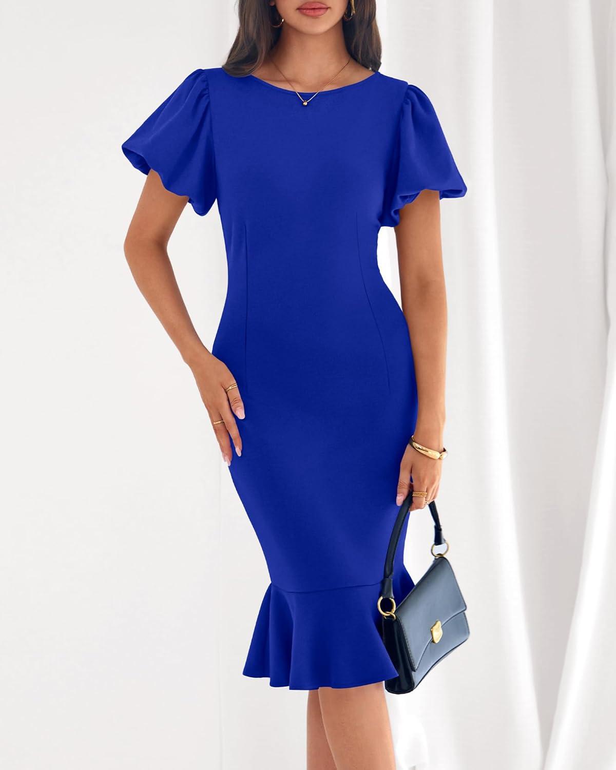 imageBTFBM Women Formal Wedding Guest Cocktail Dresses 2026 Short Sleeve Ruffle Mermaid Work Bodycon Elegant Midi Summer DressRoyal Blue