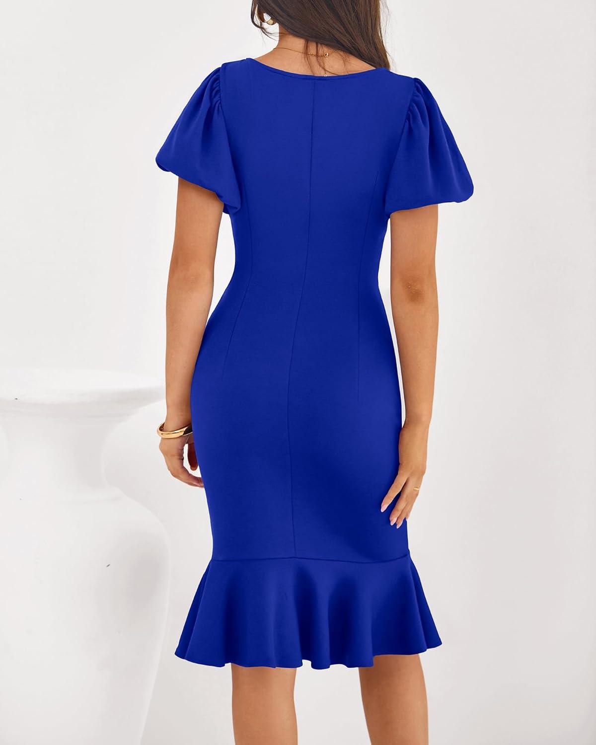 imageBTFBM Women Formal Wedding Guest Cocktail Dresses 2026 Short Sleeve Ruffle Mermaid Work Bodycon Elegant Midi Summer DressRoyal Blue