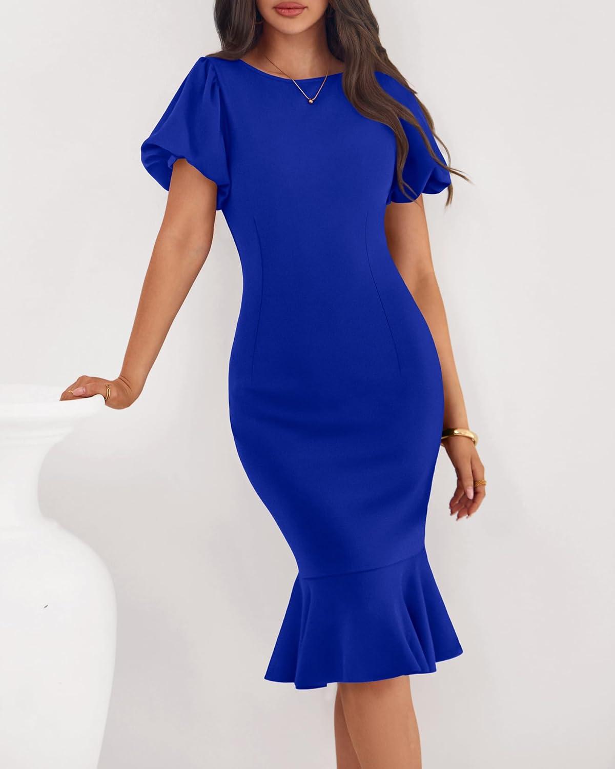 imageBTFBM Women Formal Wedding Guest Cocktail Dresses 2026 Short Sleeve Ruffle Mermaid Work Bodycon Elegant Midi Summer DressRoyal Blue