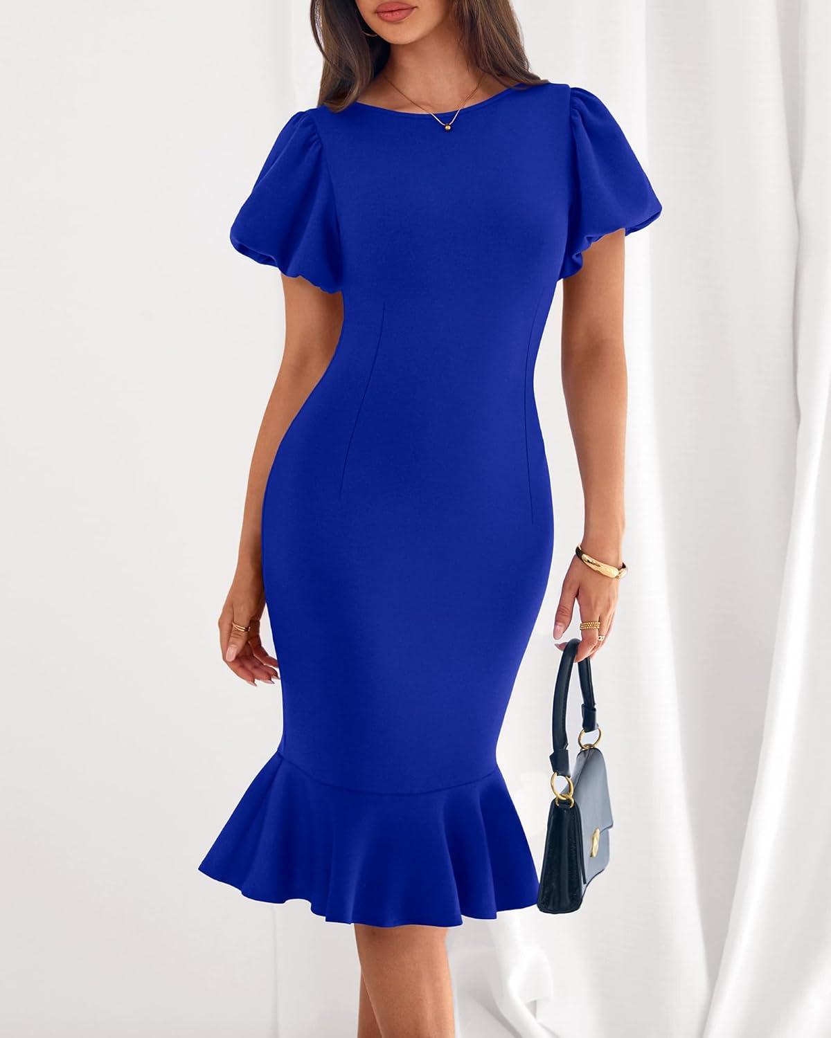 imageBTFBM Women Formal Wedding Guest Cocktail Dresses 2026 Short Sleeve Ruffle Mermaid Work Bodycon Elegant Midi Summer DressRoyal Blue