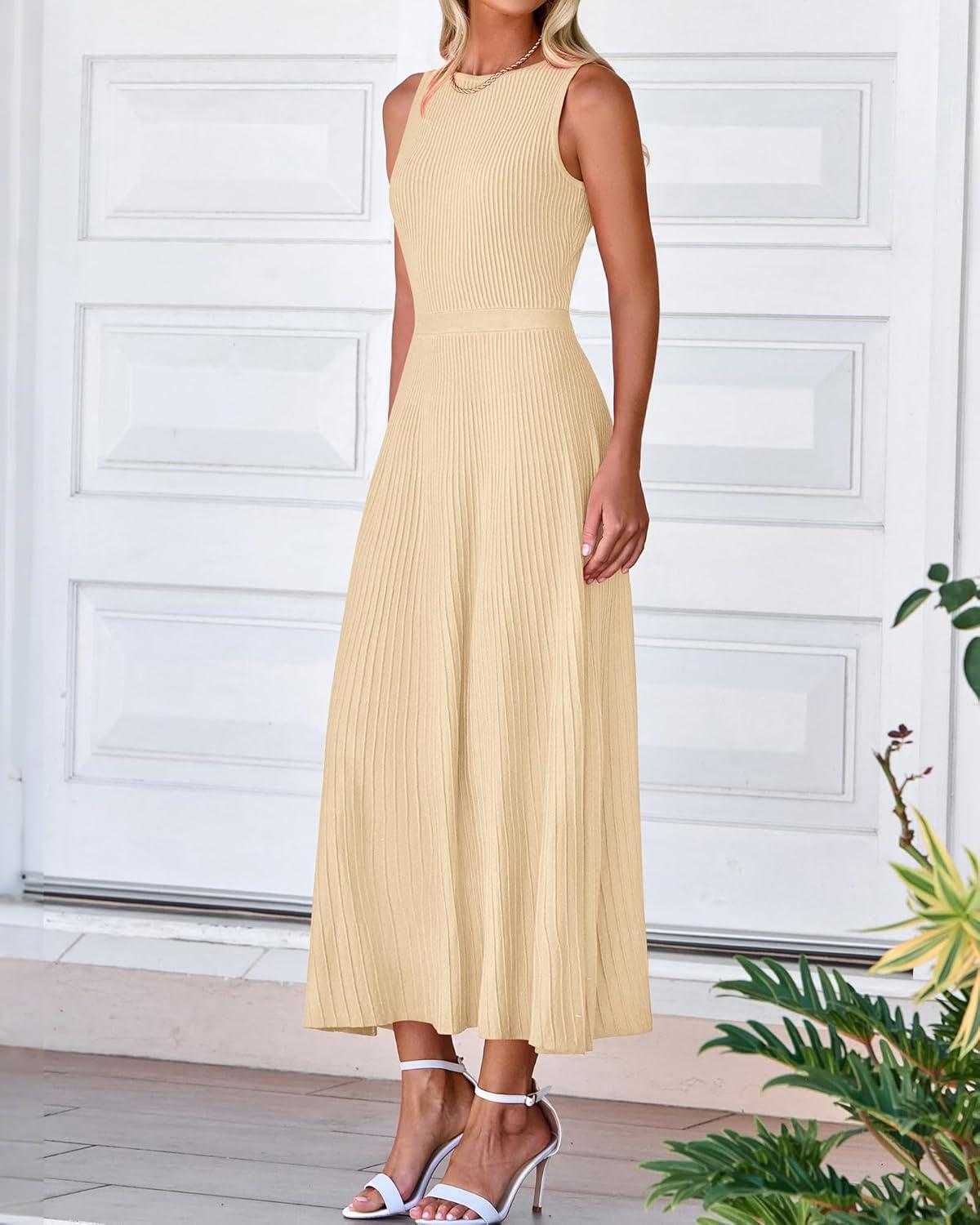 imageBTFBM Women Tank Midi Dress Summer Crewneck Sleeveless Pleated A Line Business Casual Formal Sweater Spring Dresses 2026Apricot