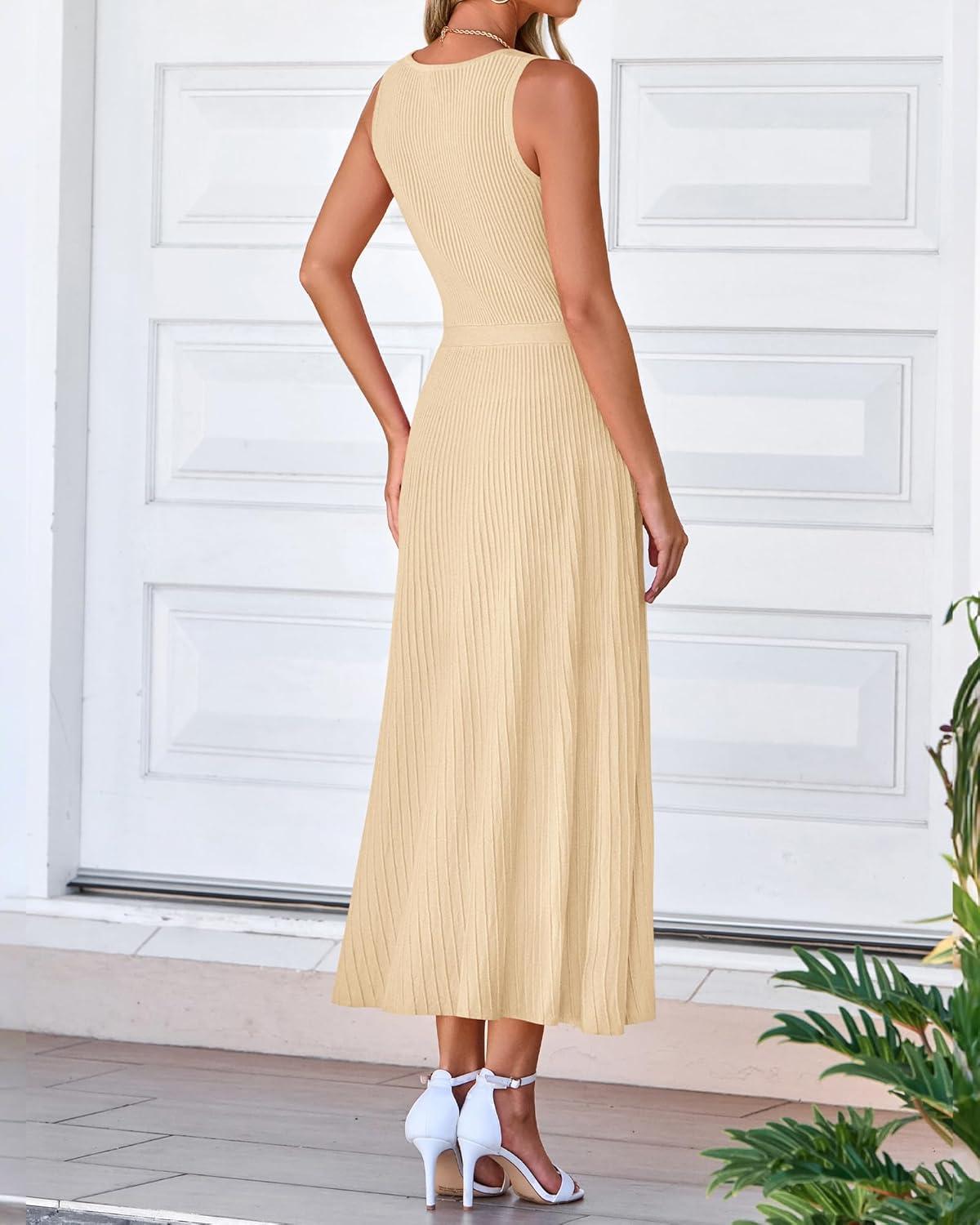 imageBTFBM Women Tank Midi Dress Summer Crewneck Sleeveless Pleated A Line Business Casual Formal Sweater Spring Dresses 2026Apricot