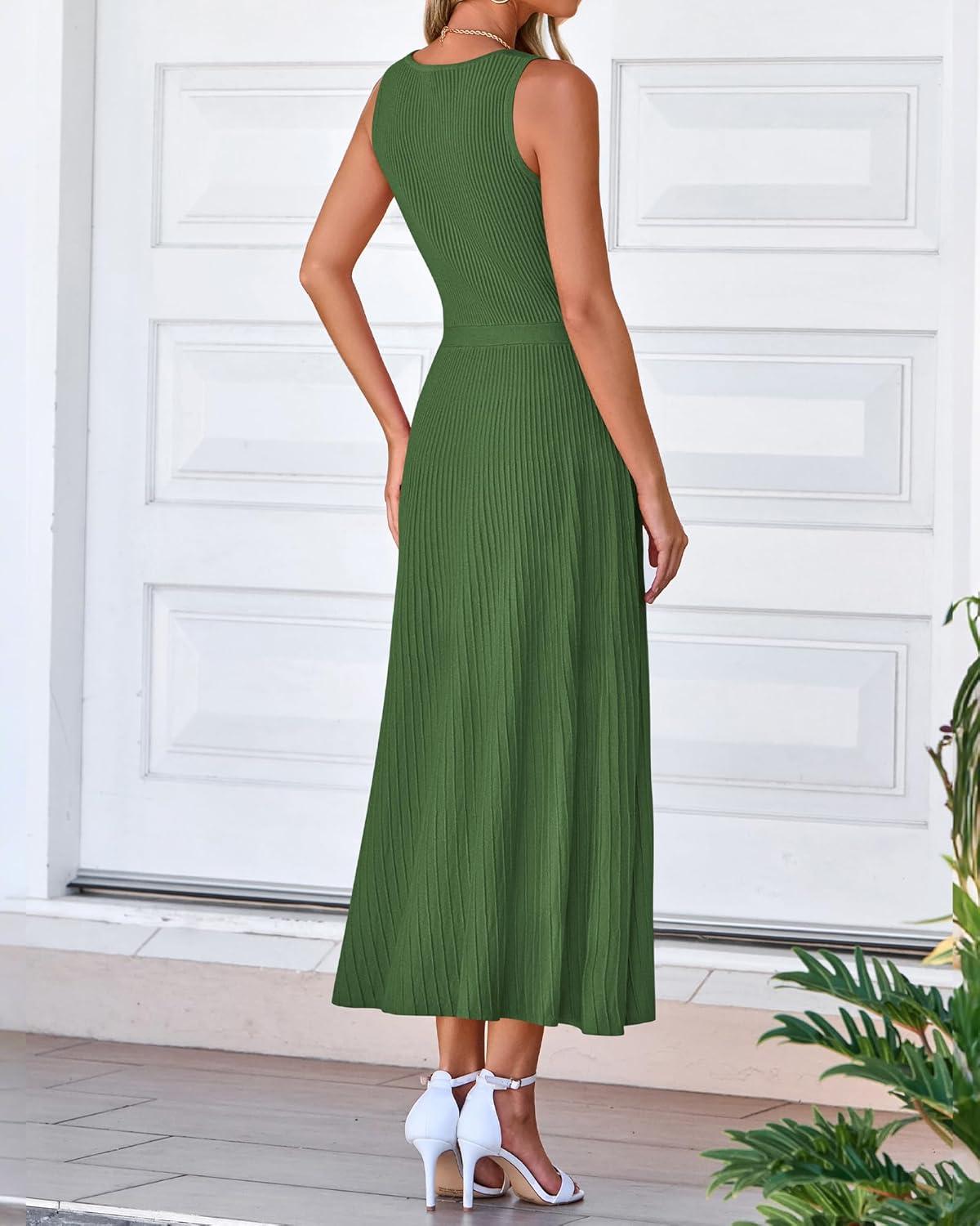 imageBTFBM Women Tank Midi Dress Summer Crewneck Sleeveless Pleated A Line Business Casual Formal Sweater Spring Dresses 2026Army Green