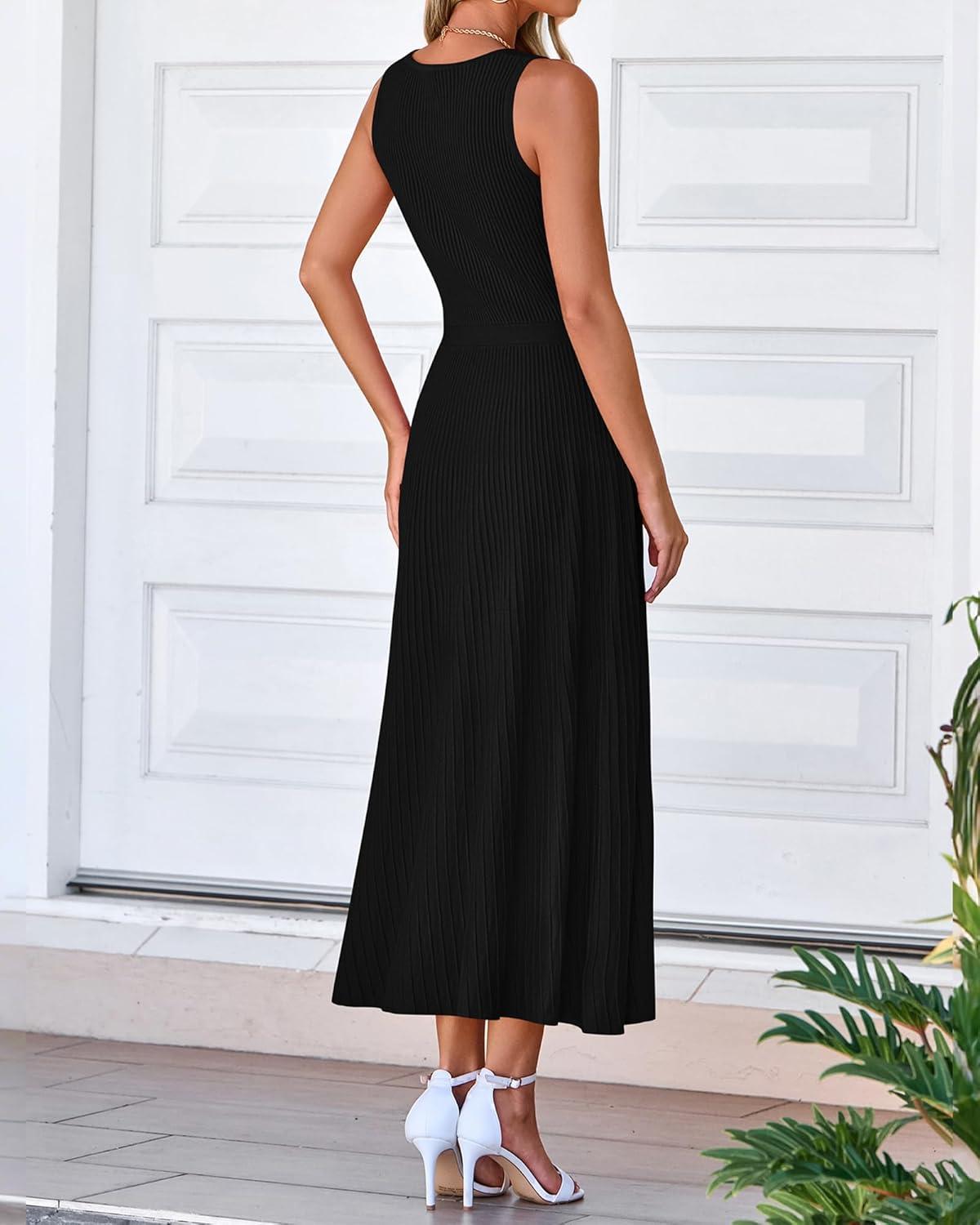 imageBTFBM Women Tank Midi Dress Summer Crewneck Sleeveless Pleated A Line Business Casual Formal Sweater Spring Dresses 2026Black