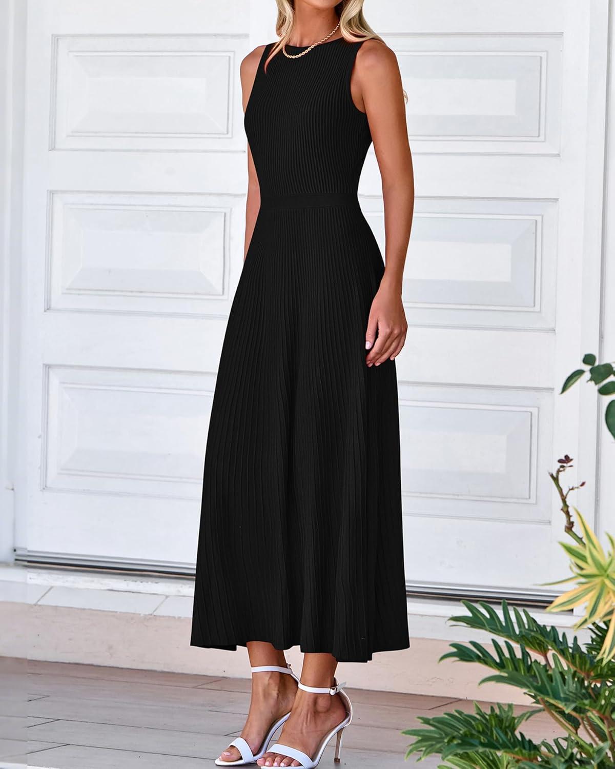 imageBTFBM Women Tank Midi Dress Summer Crewneck Sleeveless Pleated A Line Business Casual Formal Sweater Spring Dresses 2026Black